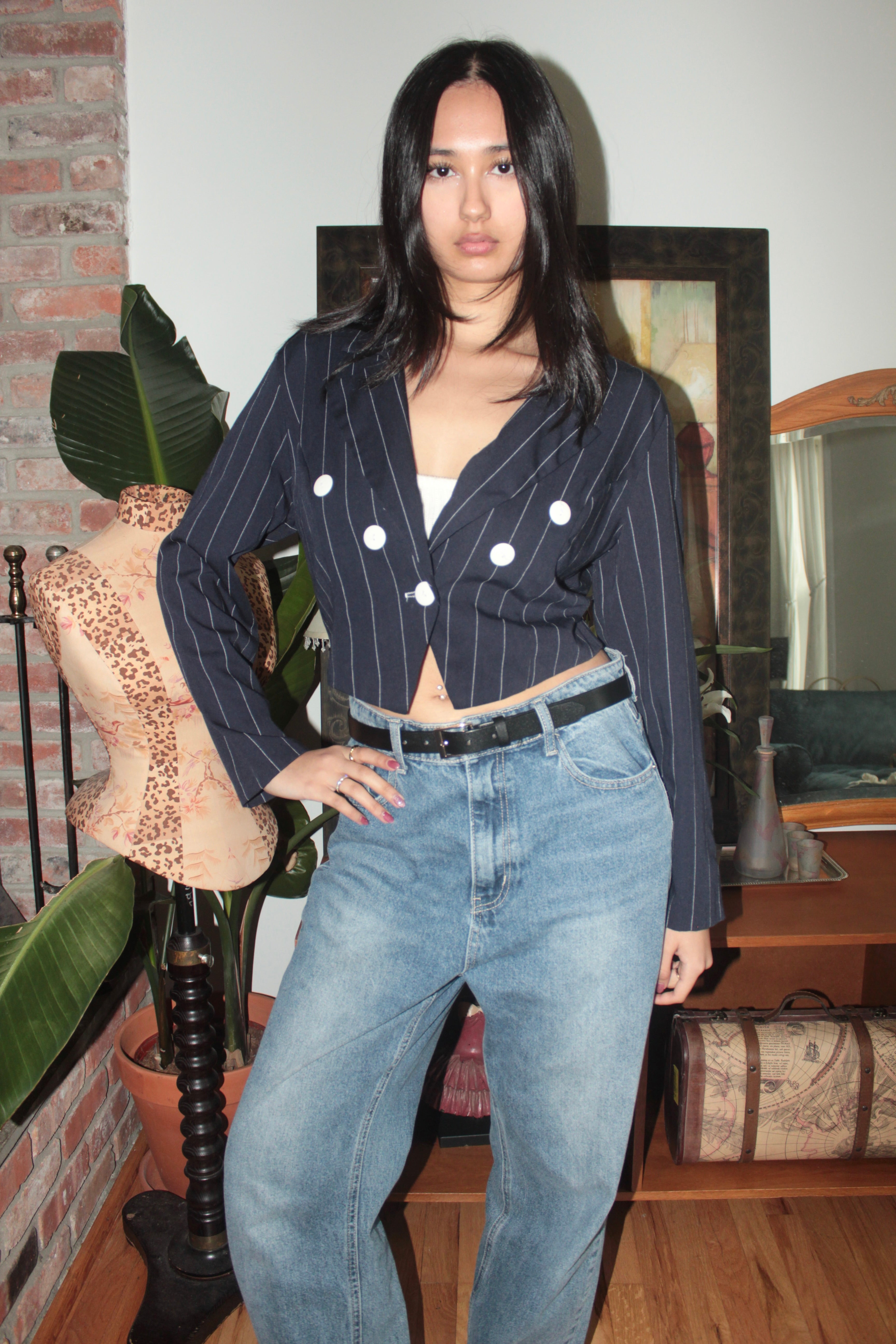 Vintage 90s Navy Pinstripe Double-Breasted Blazer Top