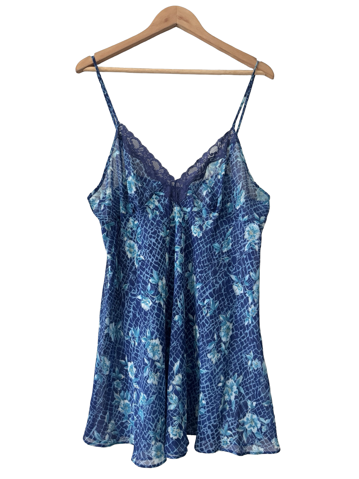 Vintage 90s Blue Hour Lace Floral Babydoll Mini Dress (L/XL)