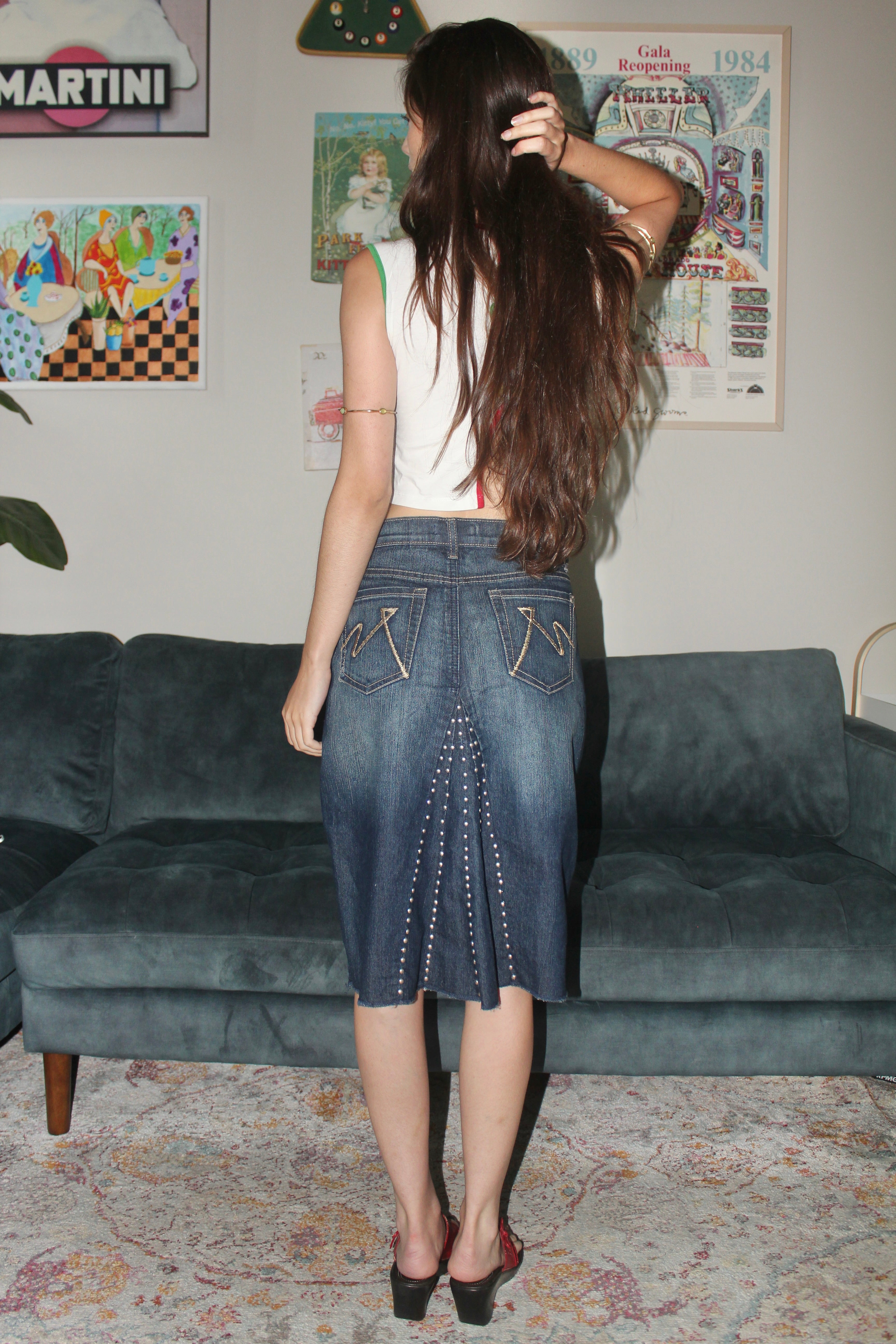 Vintage 90s Studded Denim Midi Skirt (S)