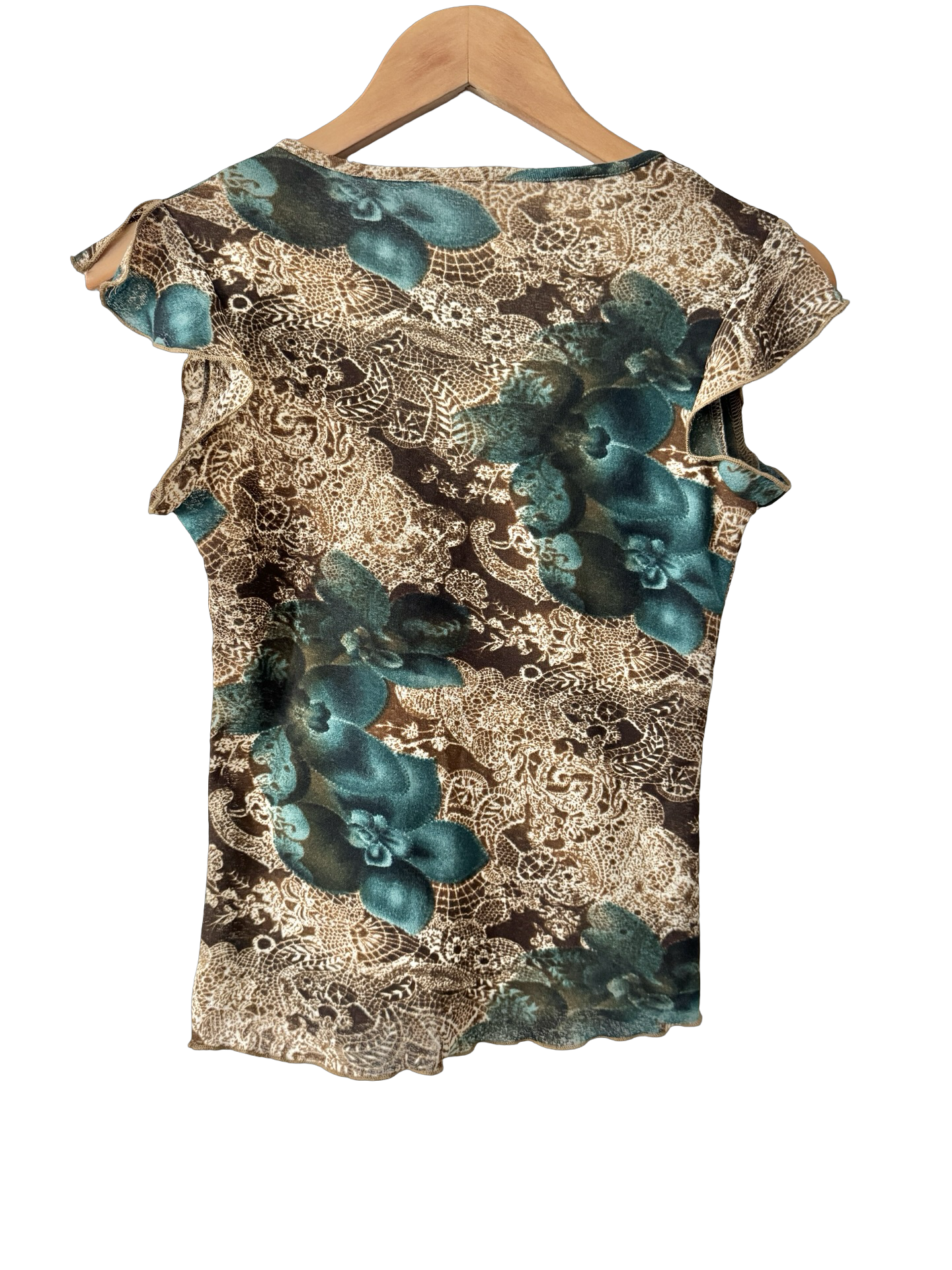 Vintage Y2K Teal Floral Mesh Cap Sleeve Top (S/M)
