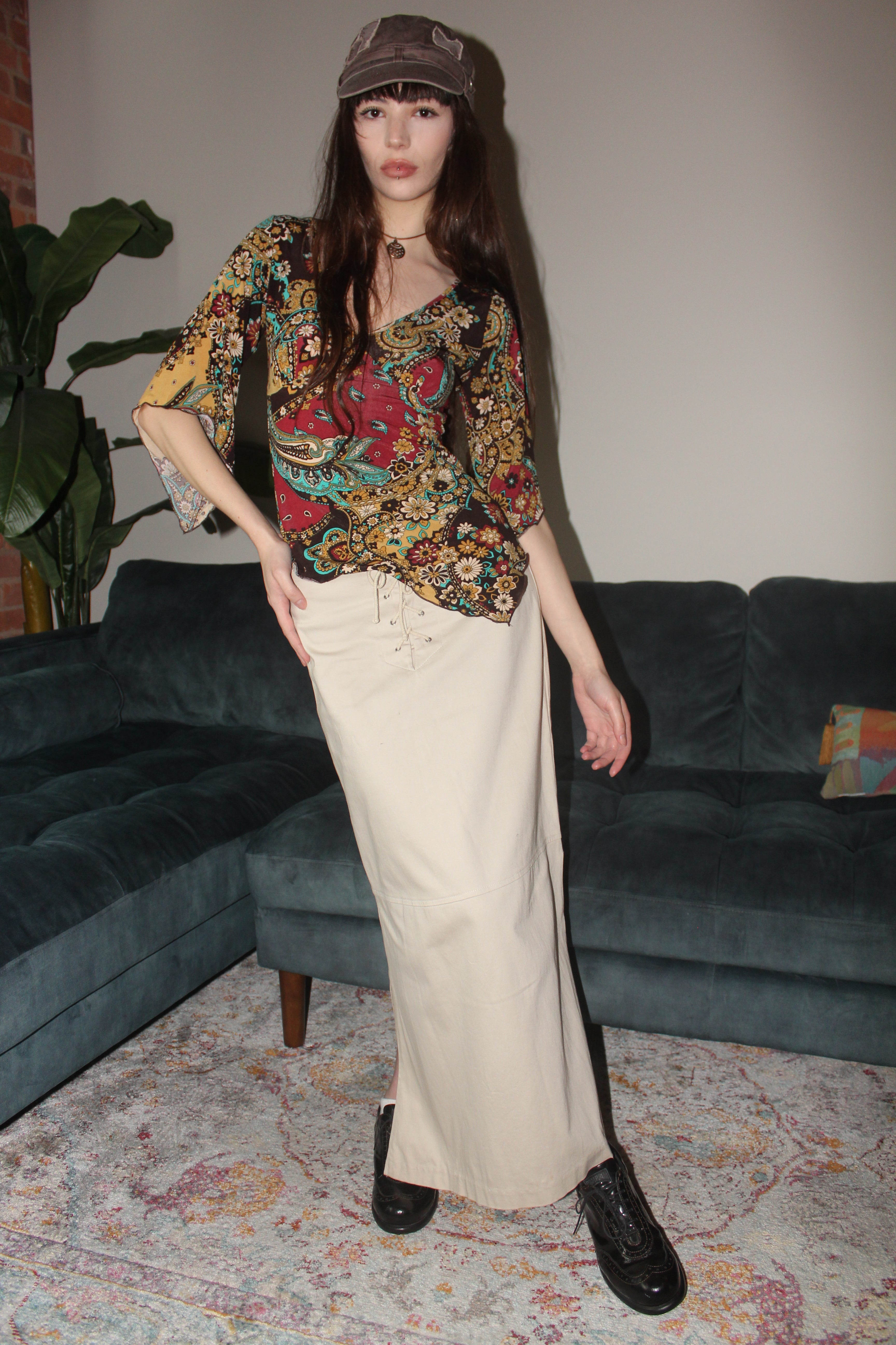 Vintage 90s Lace Up Tan Midi Skirt (S-M)