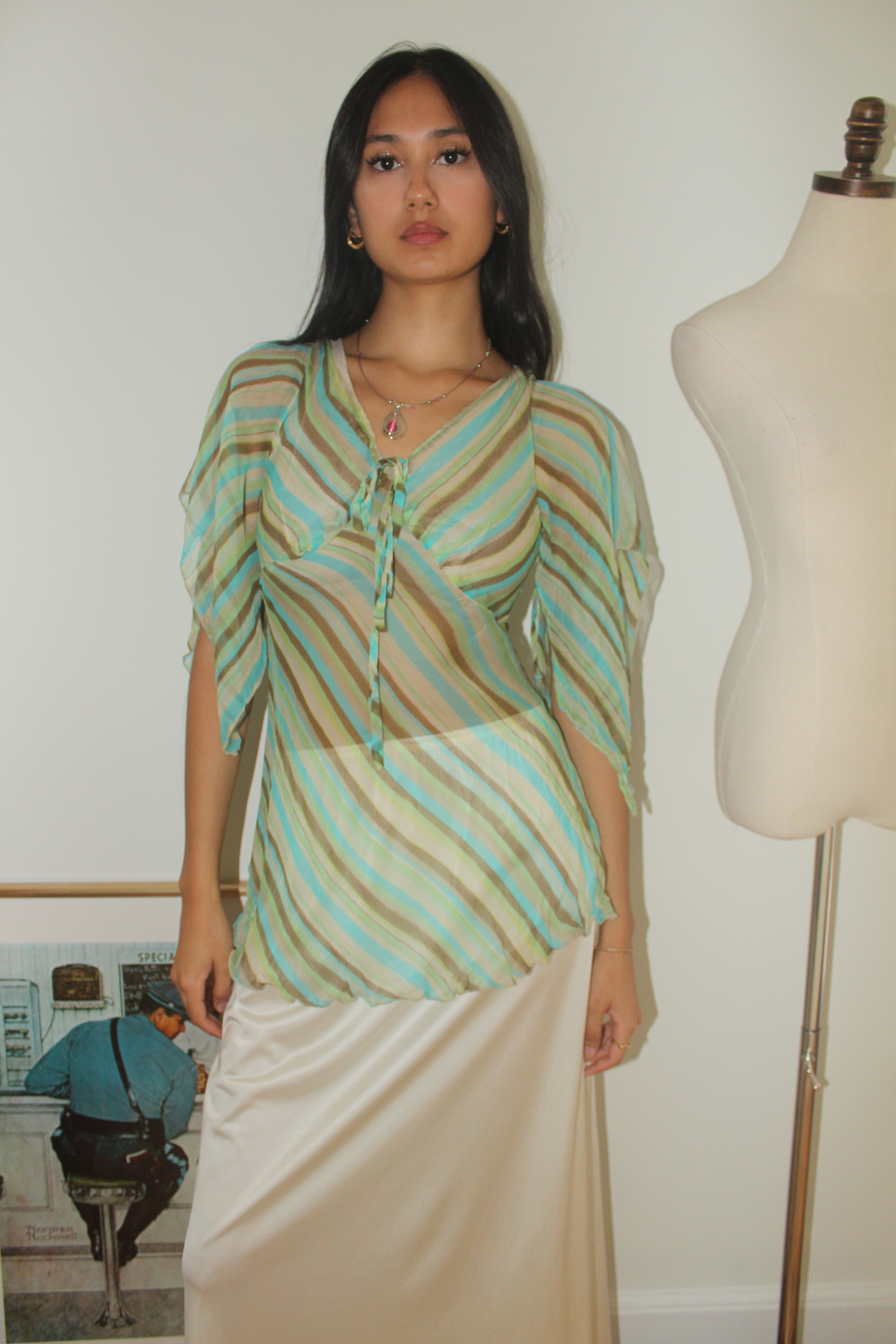 Vintage 90s Sheer Striped Silk Tie Blouse (S)