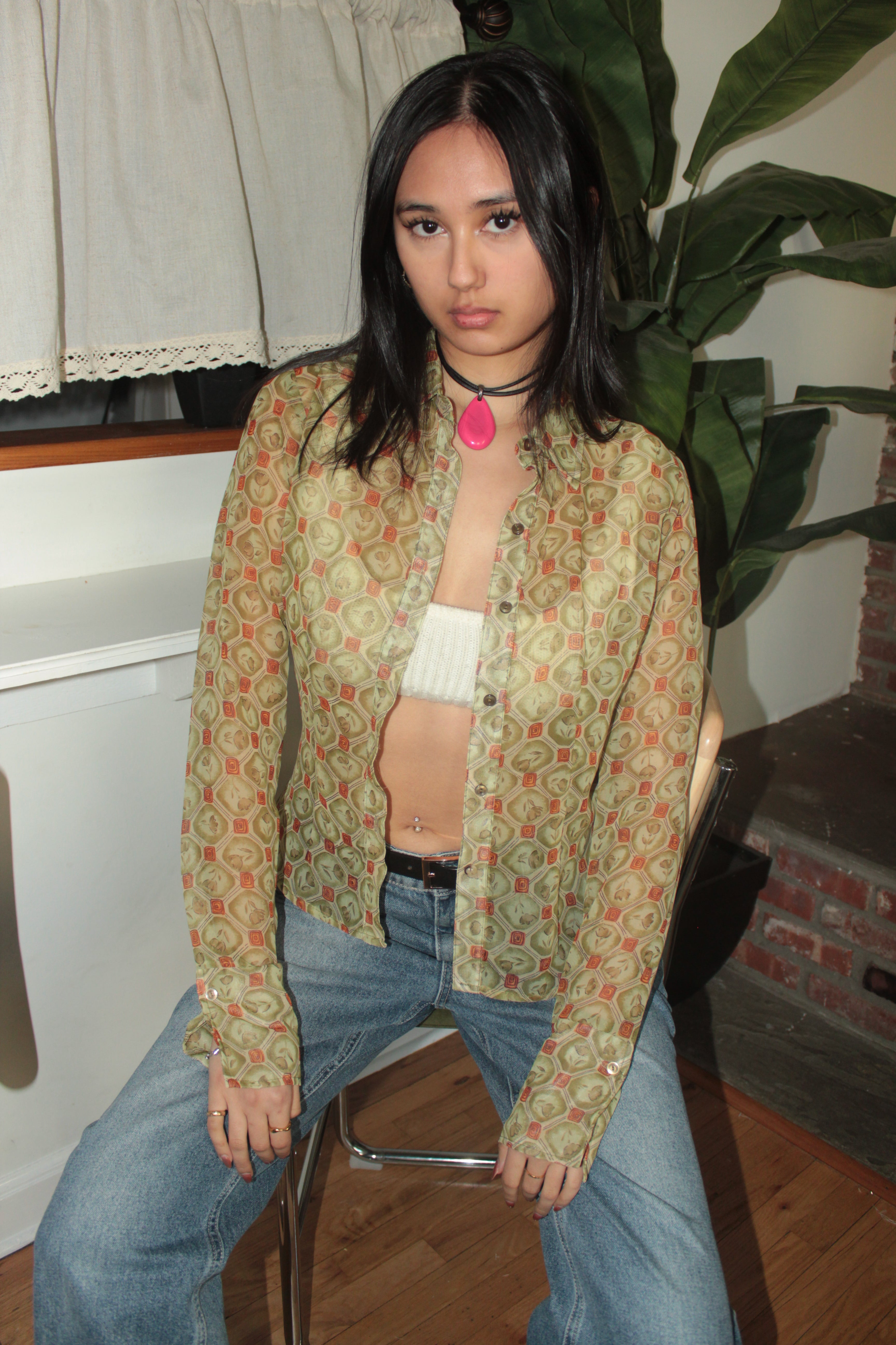 Vintage 90s Sage Geo Print Button-Up (M)