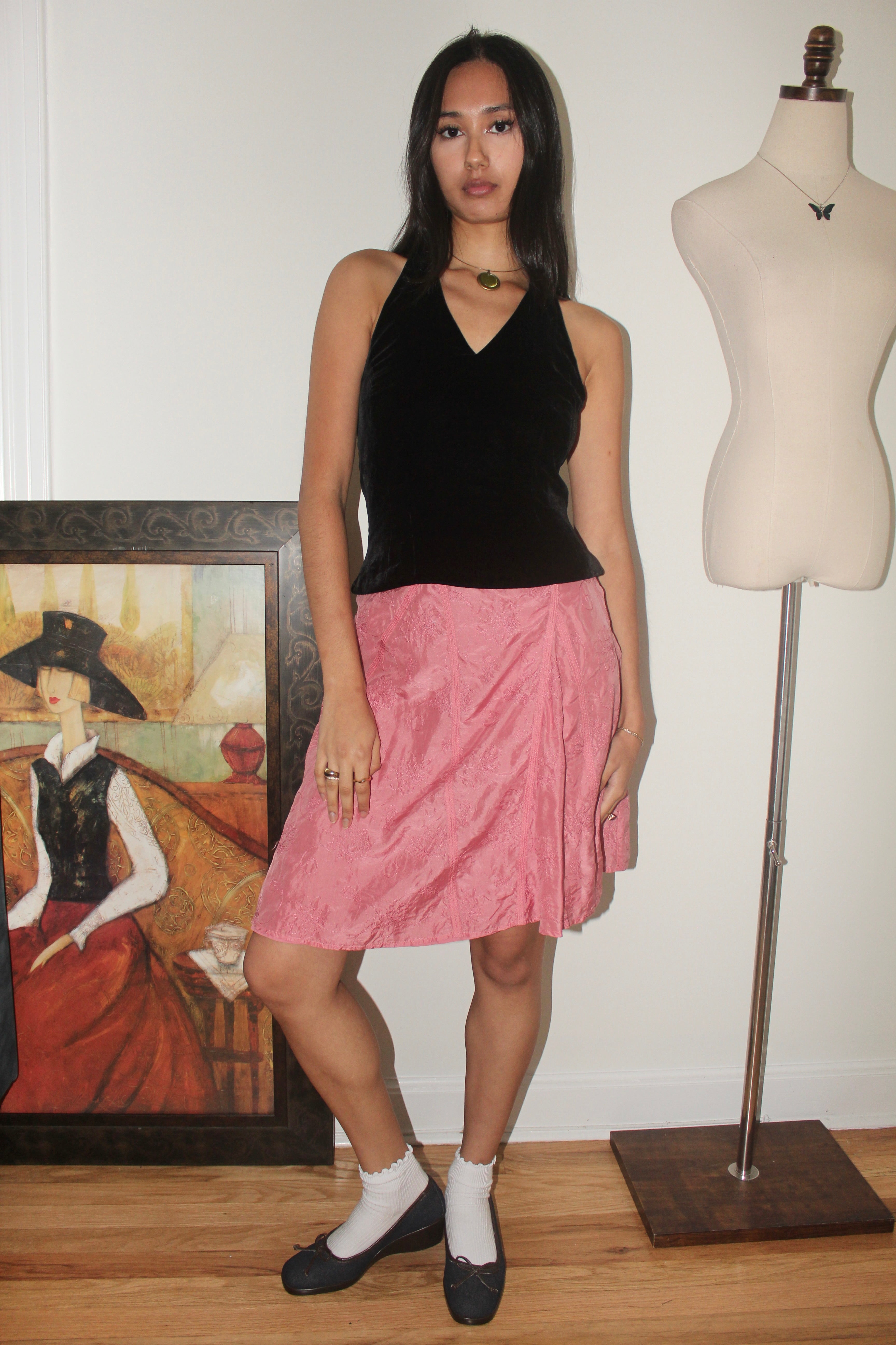 Vintage 90s Silk Embroidered Midi Skirt (S)