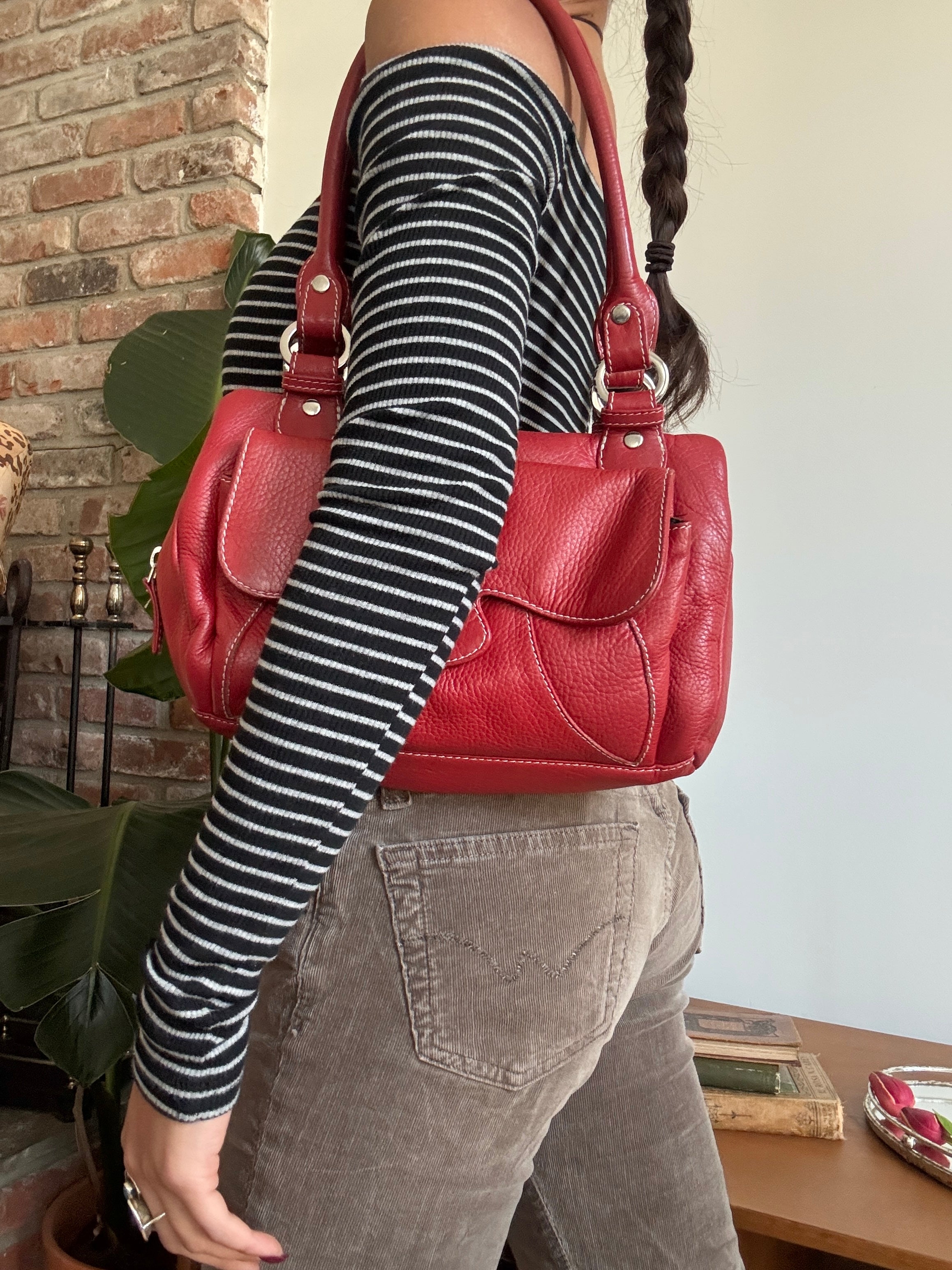 Vintage 90s Cherry Red Soft Leather Shoulder Bag