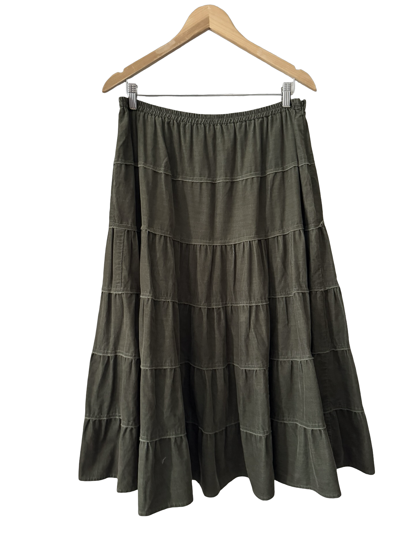 Vintage 90s Olive Tiered Prairie Midi Skirt (L)