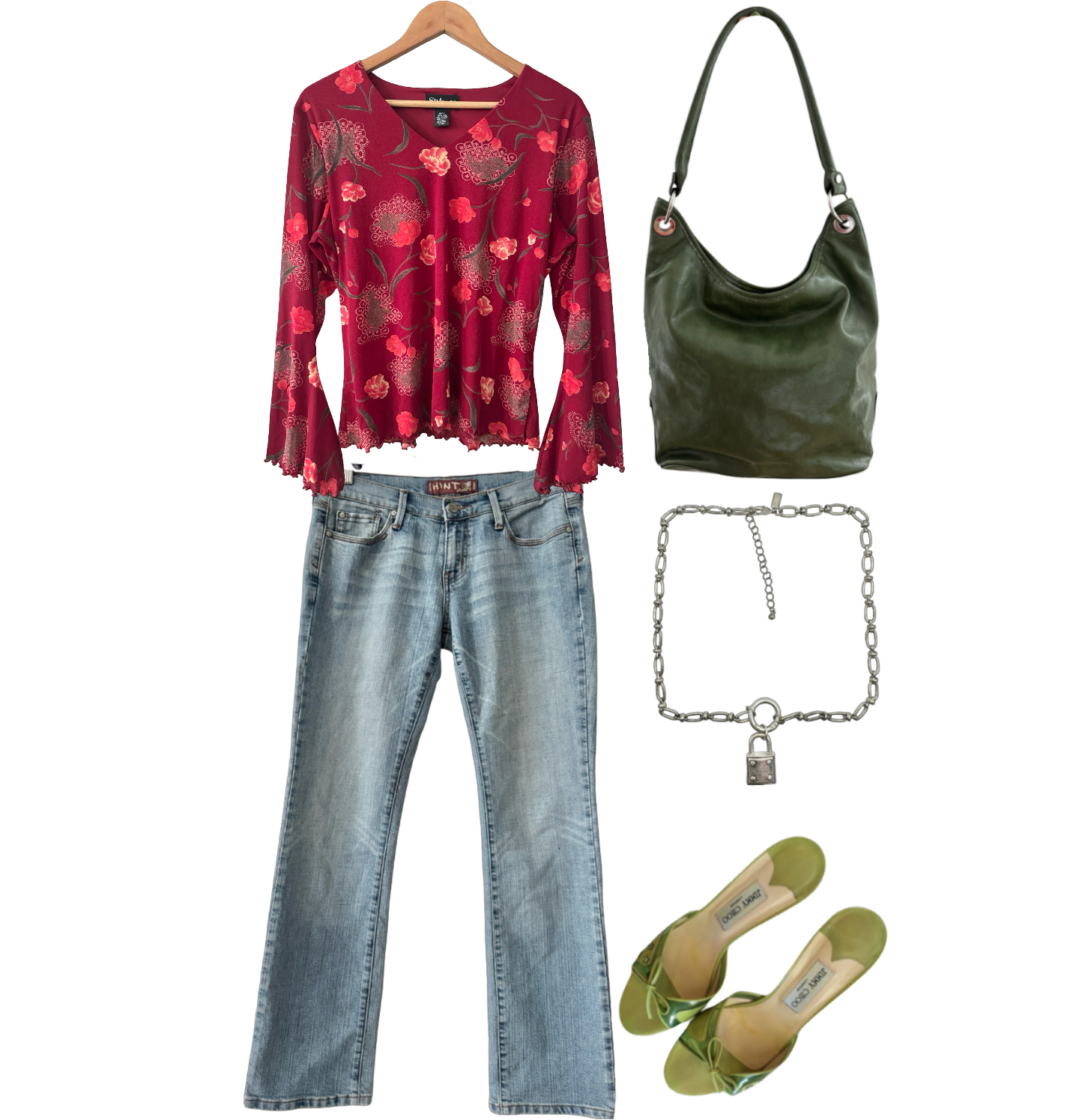 Vintage Y2K Crimson Garden Flared Sleeve Top (XL)