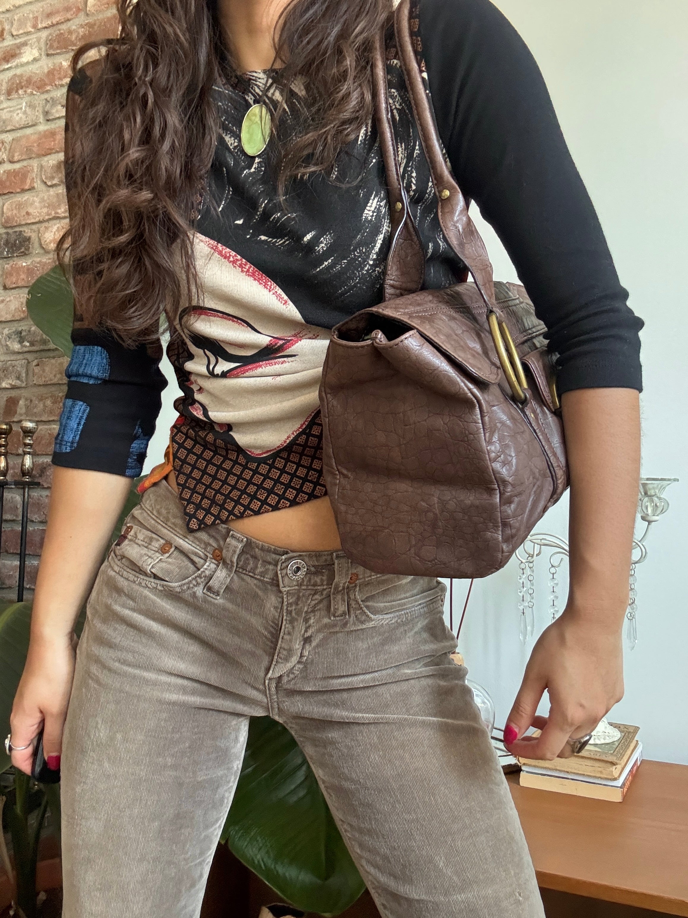 Vintage Y2K Slouch Chocolate Croc Leather Satchel