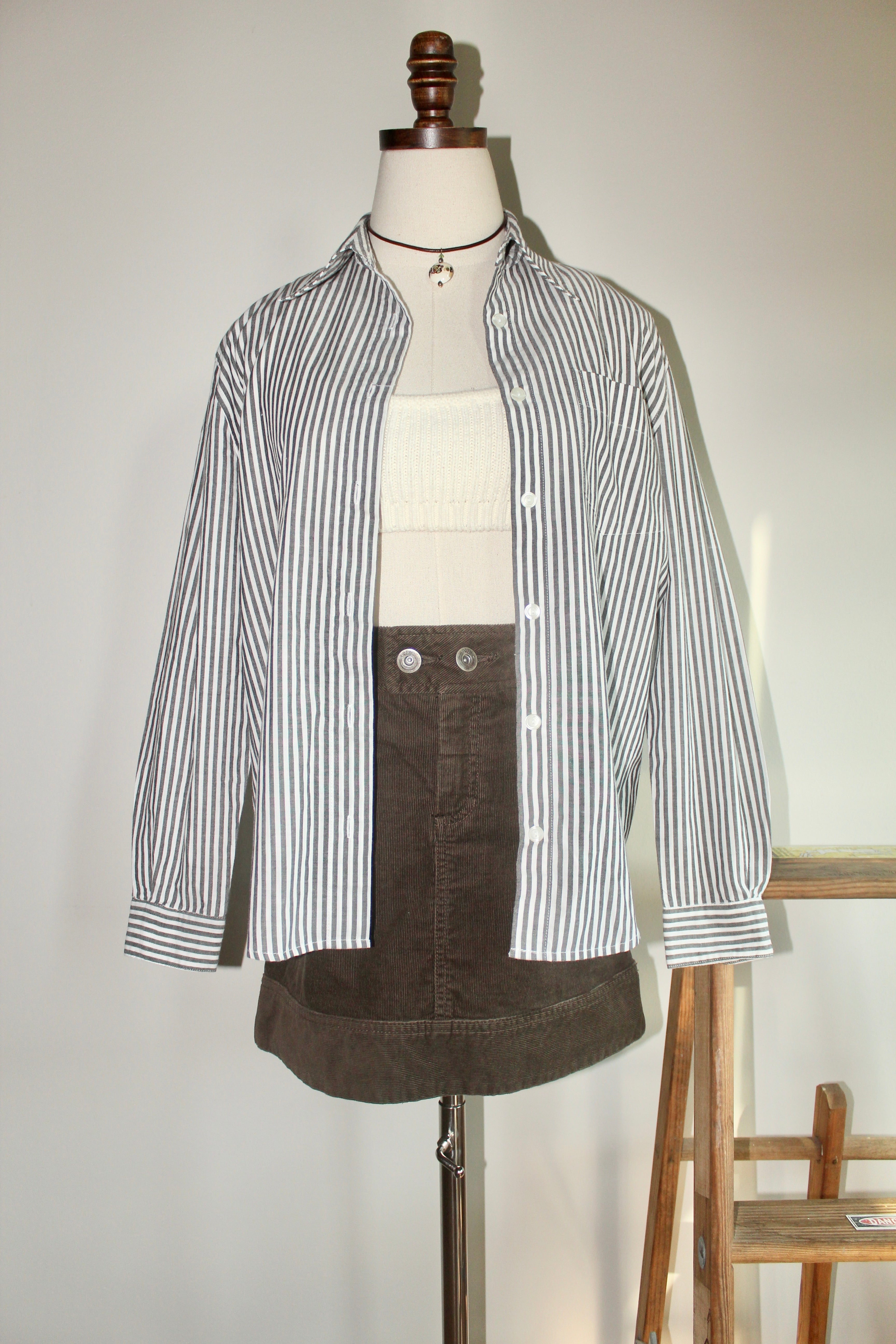 Vintage 90s Grey Striped Button Up (S)