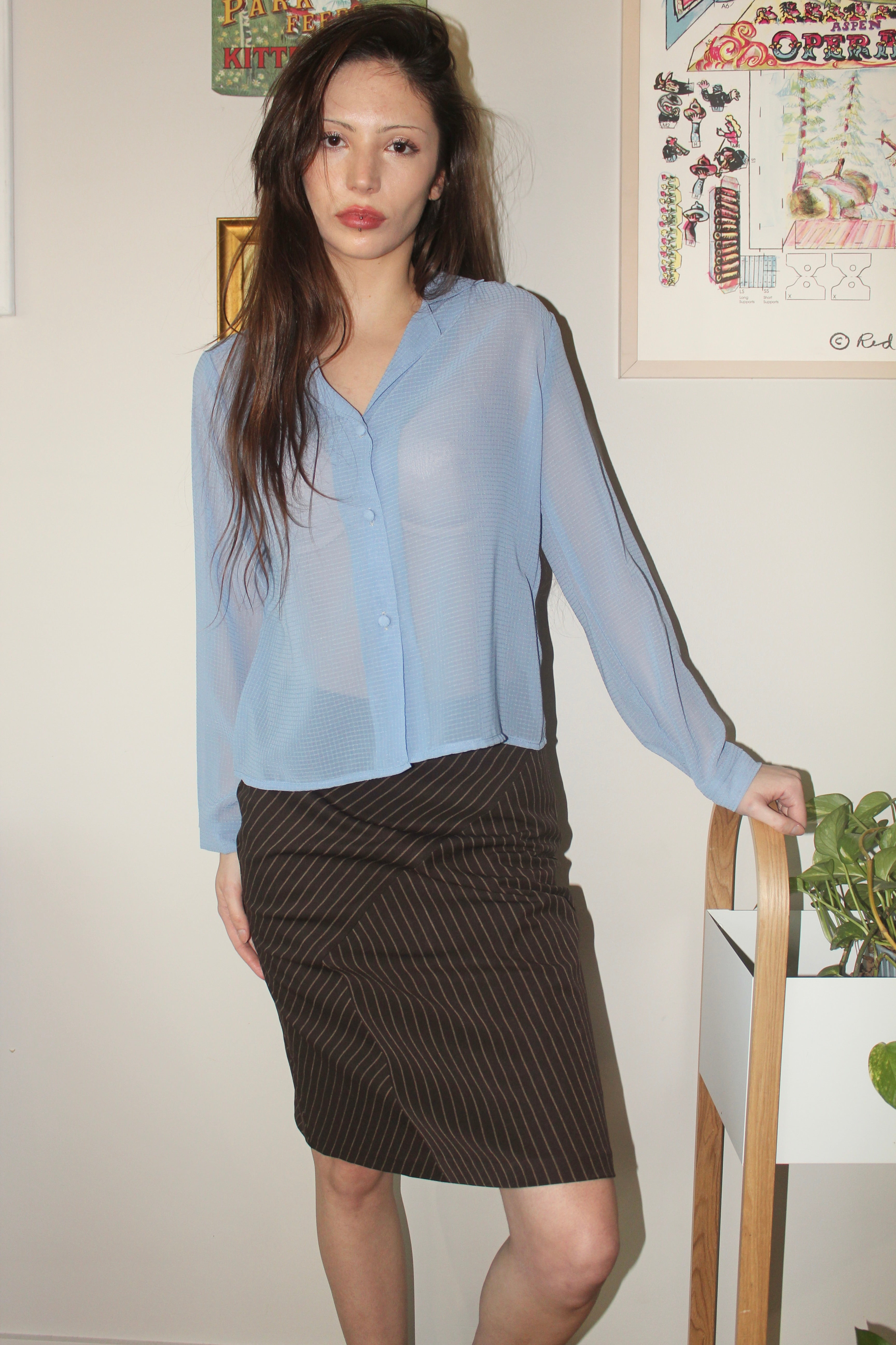 Vintage 90s Semi Sheer Periwinkle Blouse (M)