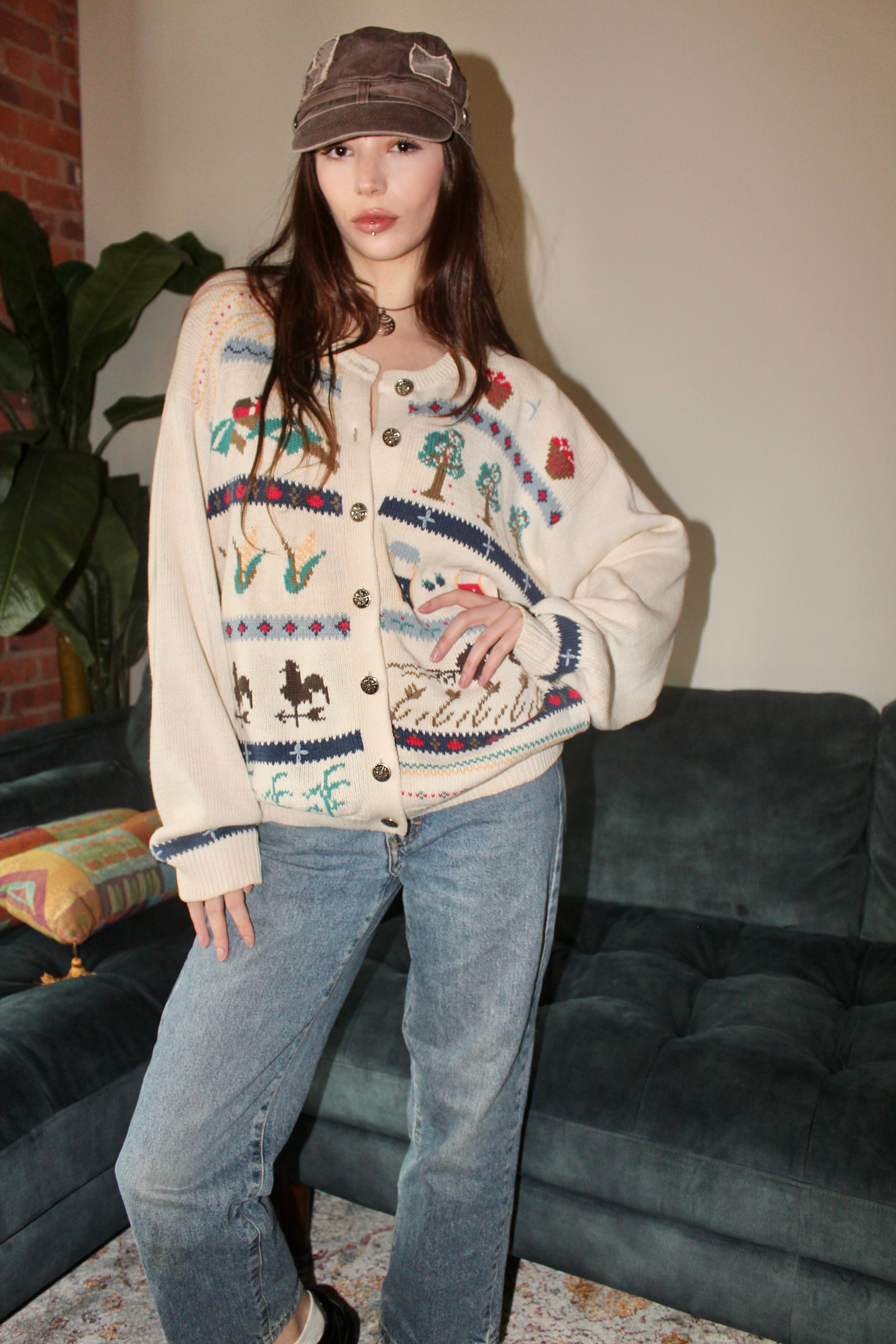 Vintage 90s Farmhouse Embroidered Cardigan (L)