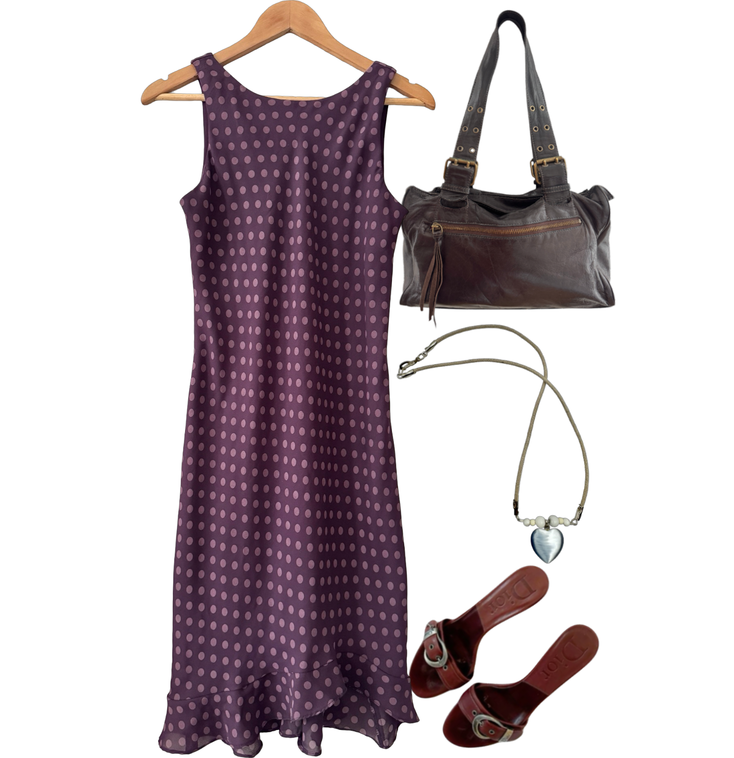 Vintage Y2K Plum Polka Dot Ruffle Midi Dress (M)