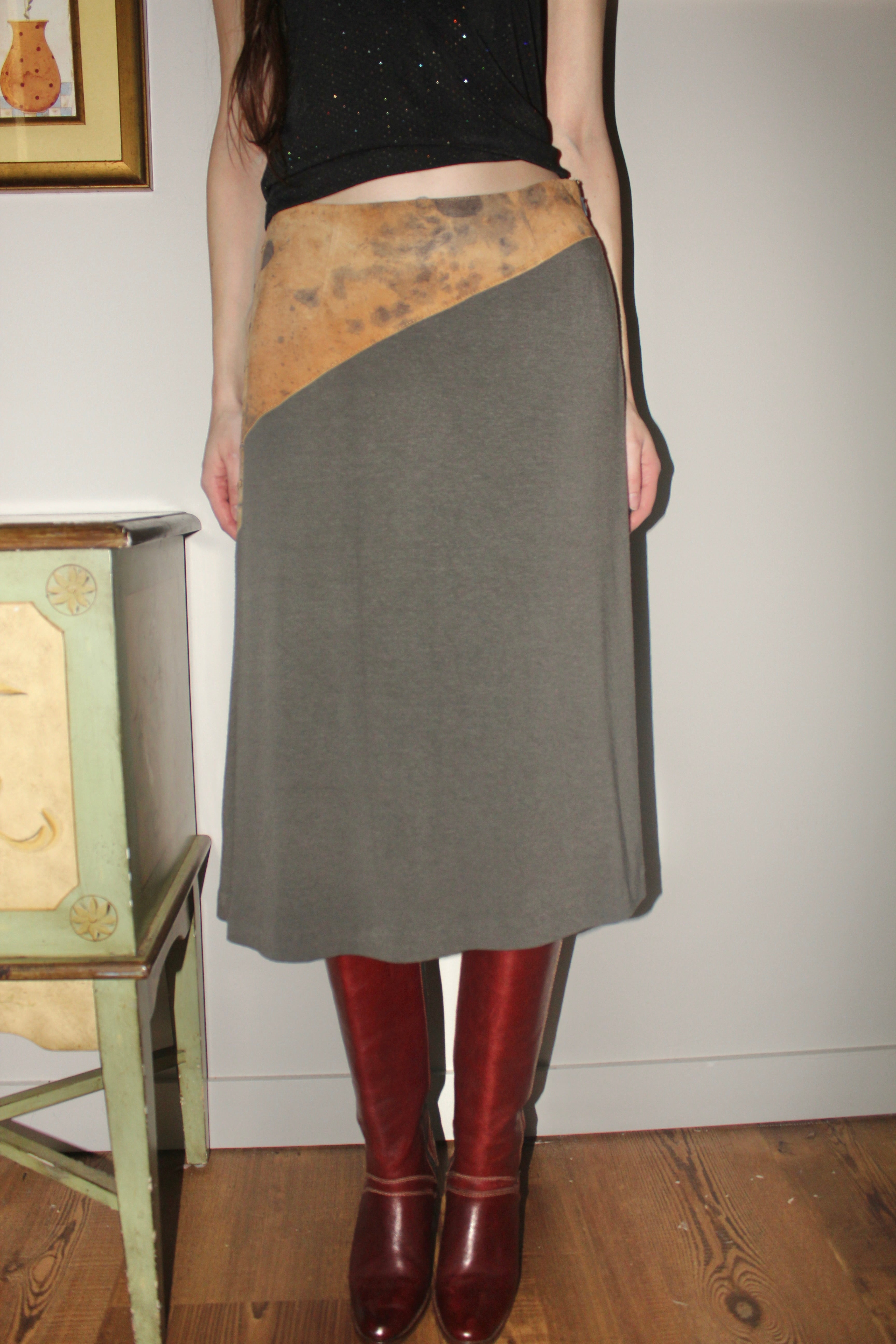 Vintage 90s Leather Asymmetrical Midi Skirt (S/M)