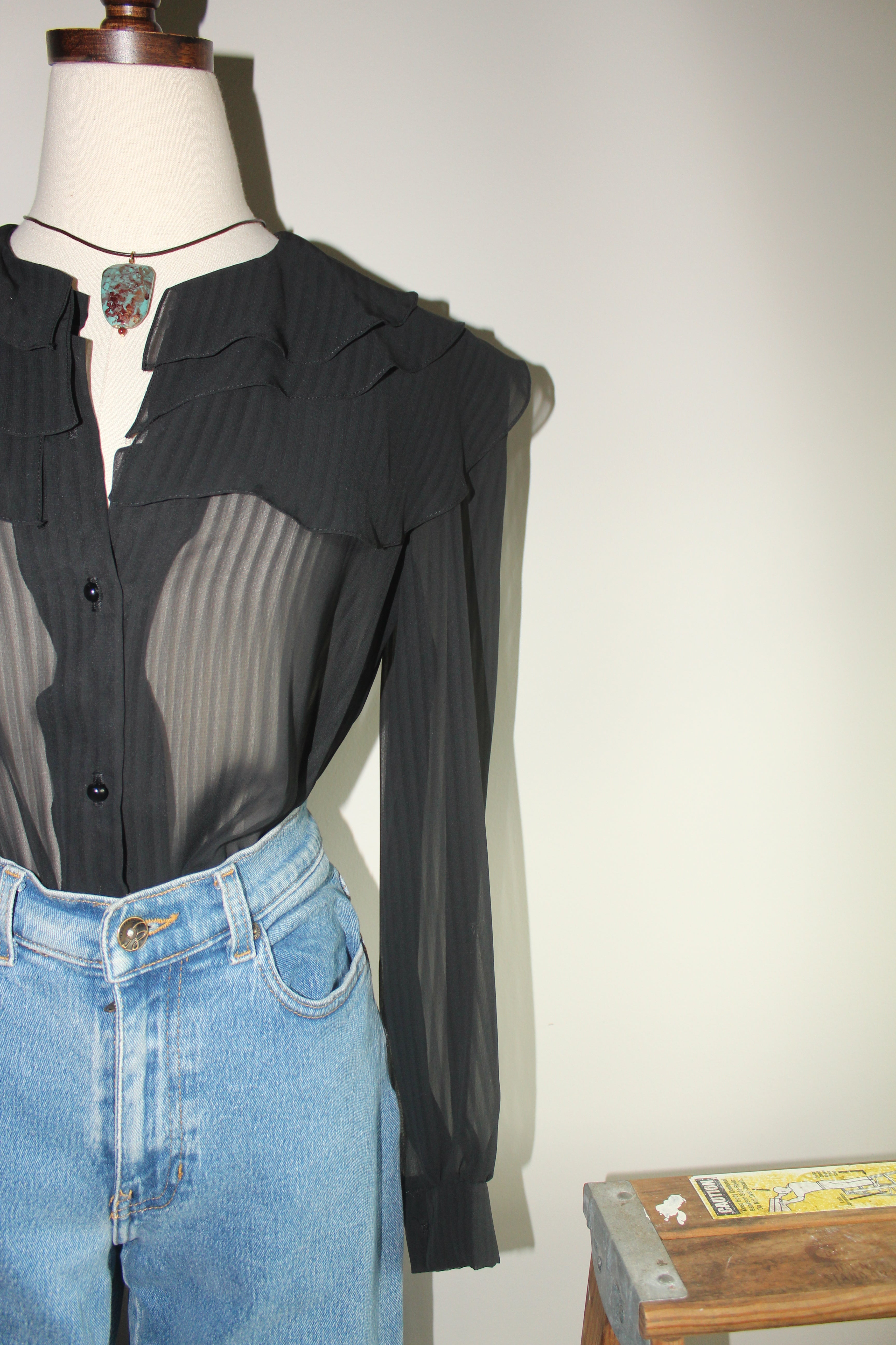 Vintage 90s Ruffled Sheer Striped Blouse (M)