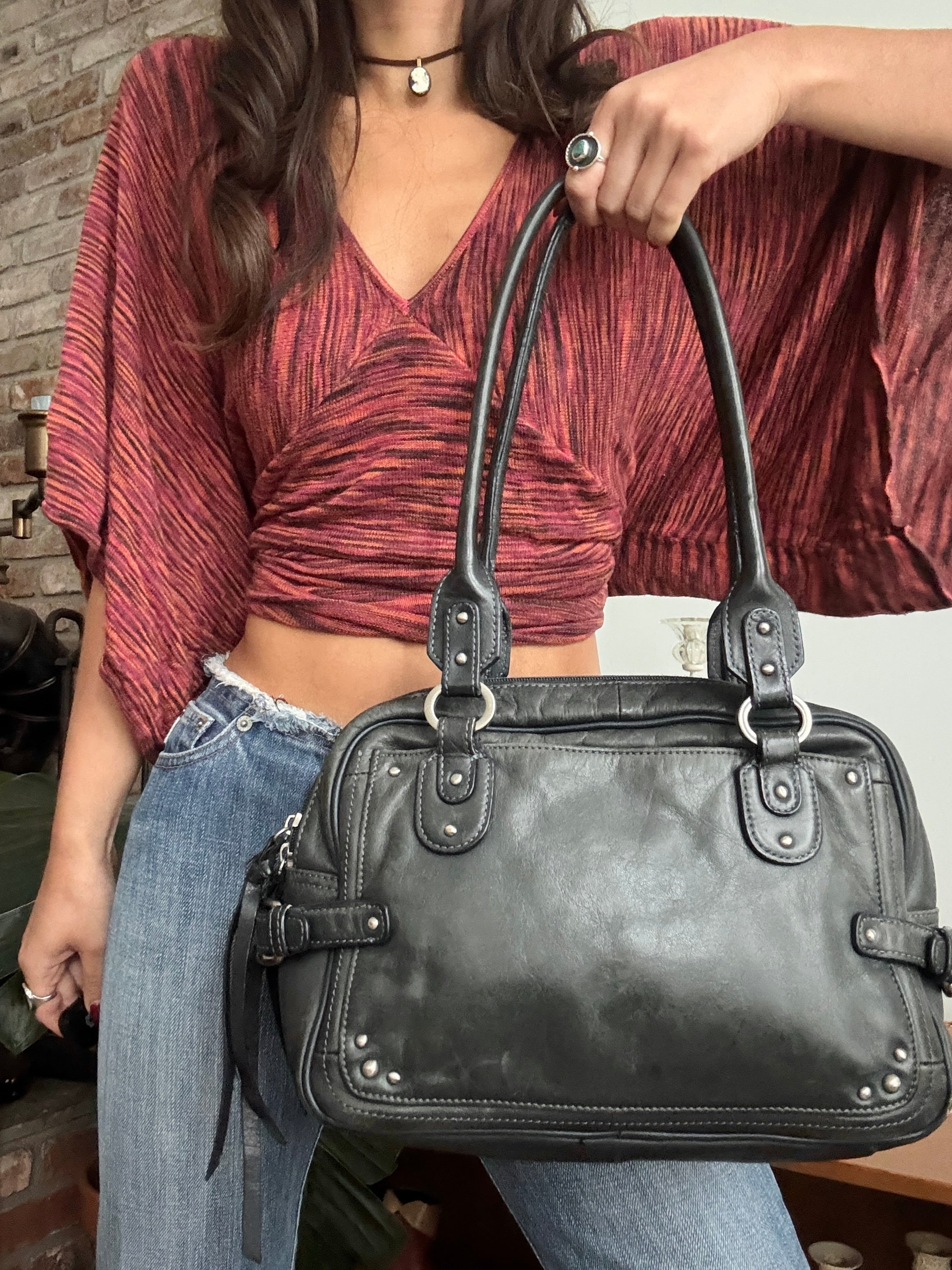 Vintage Y2K Downtown Studded Leather Bowler Bag