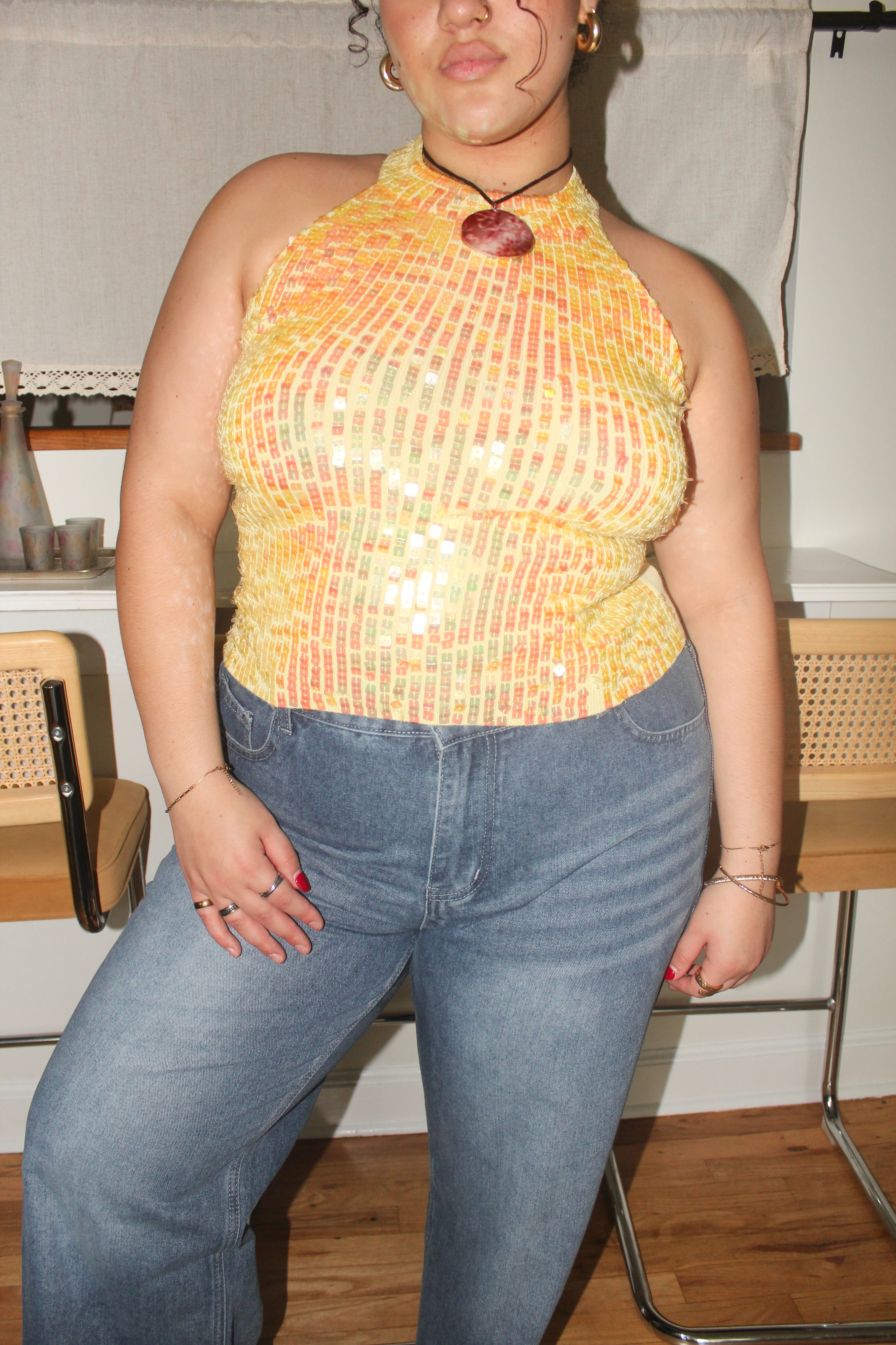 Vintage 2000s Citrus Sequin Halter Top (L)