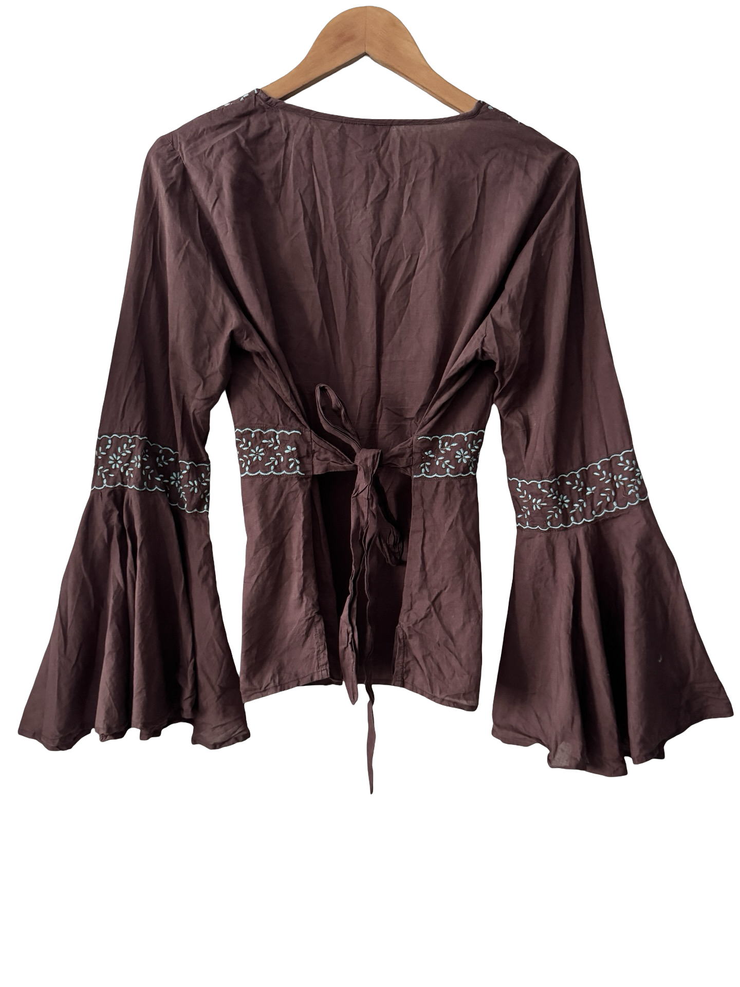 Vintage Y2K Chocolate Boho Tie Bell Sleeve Top (M)