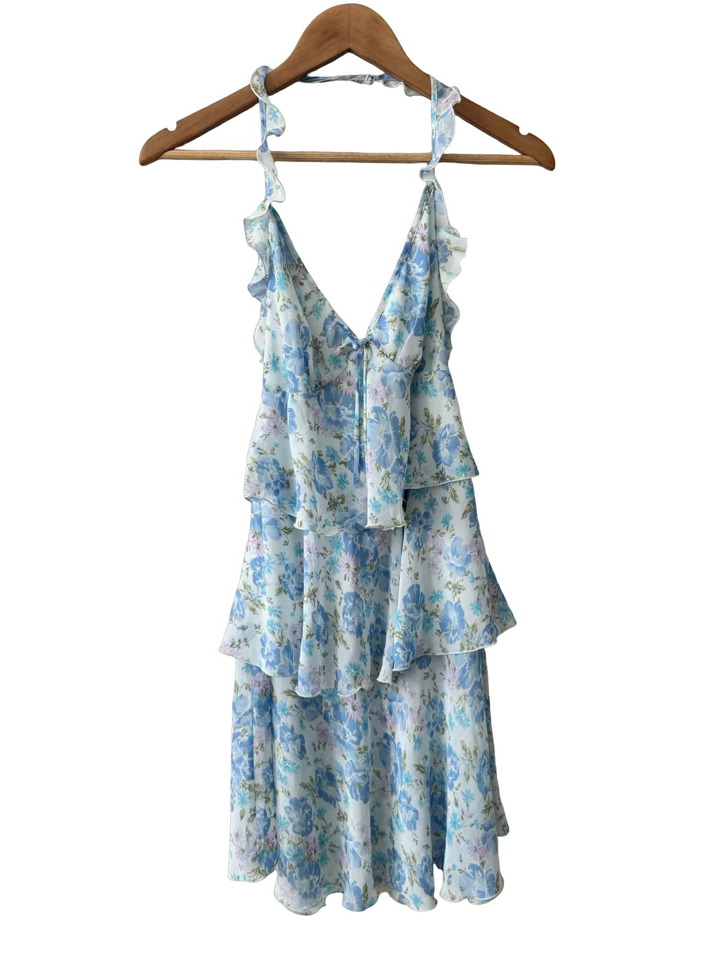 Y2K Blue Floral Halter Flounce Mini Dress (M)