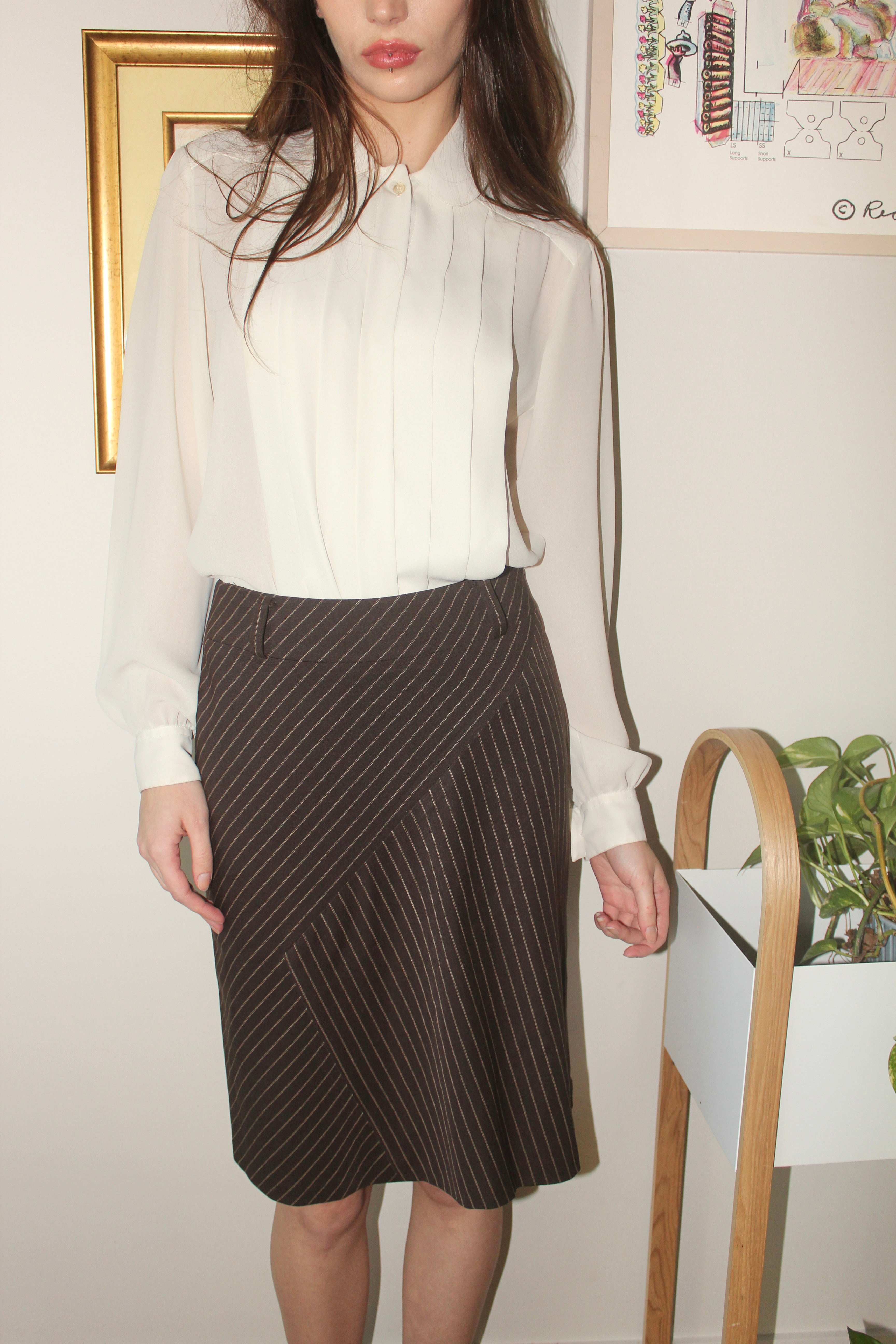 Vintage 80s Ivory Pleated Blouse (M)