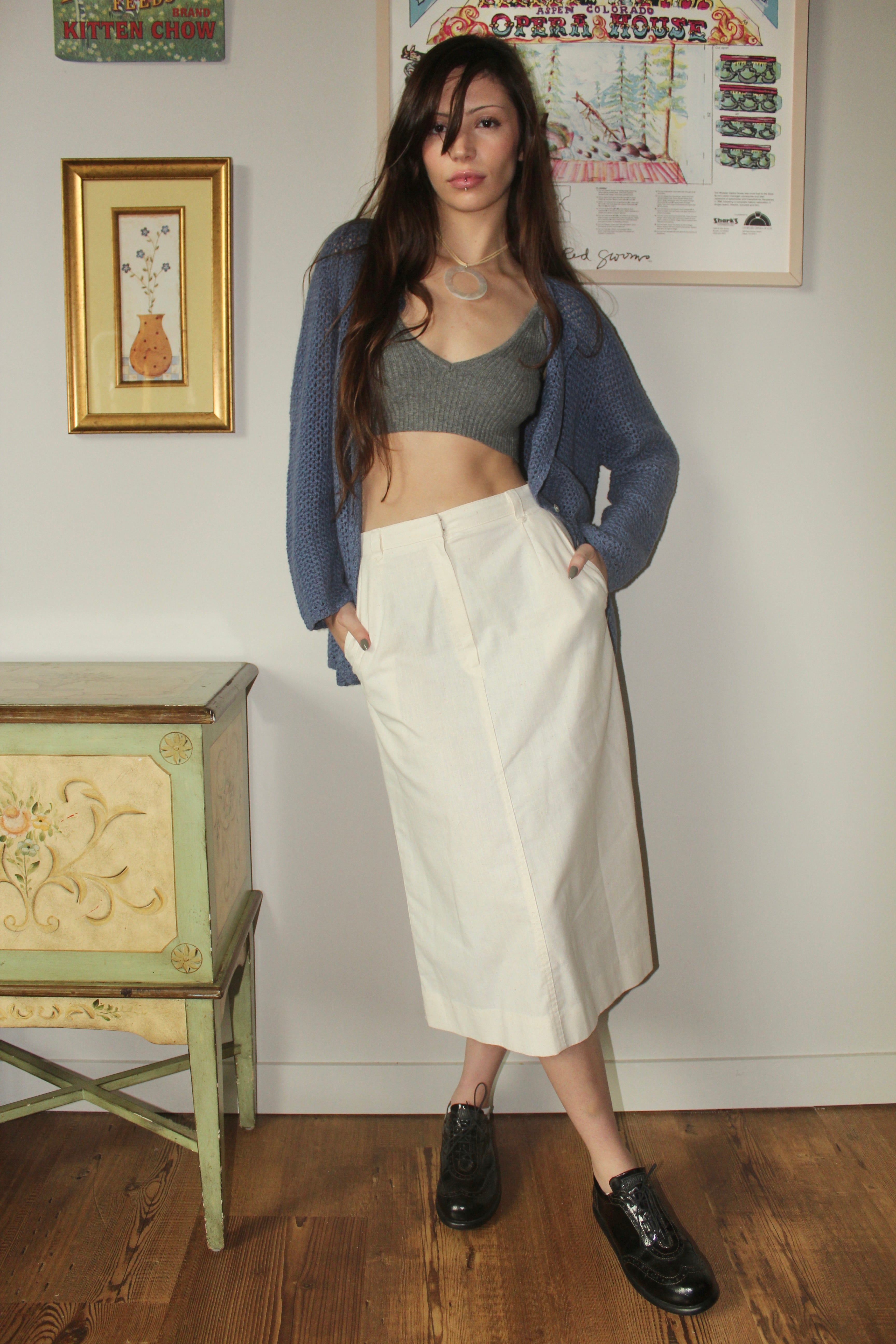 Vintage 80s Ivory Utilitarian Midi Skirt (S)