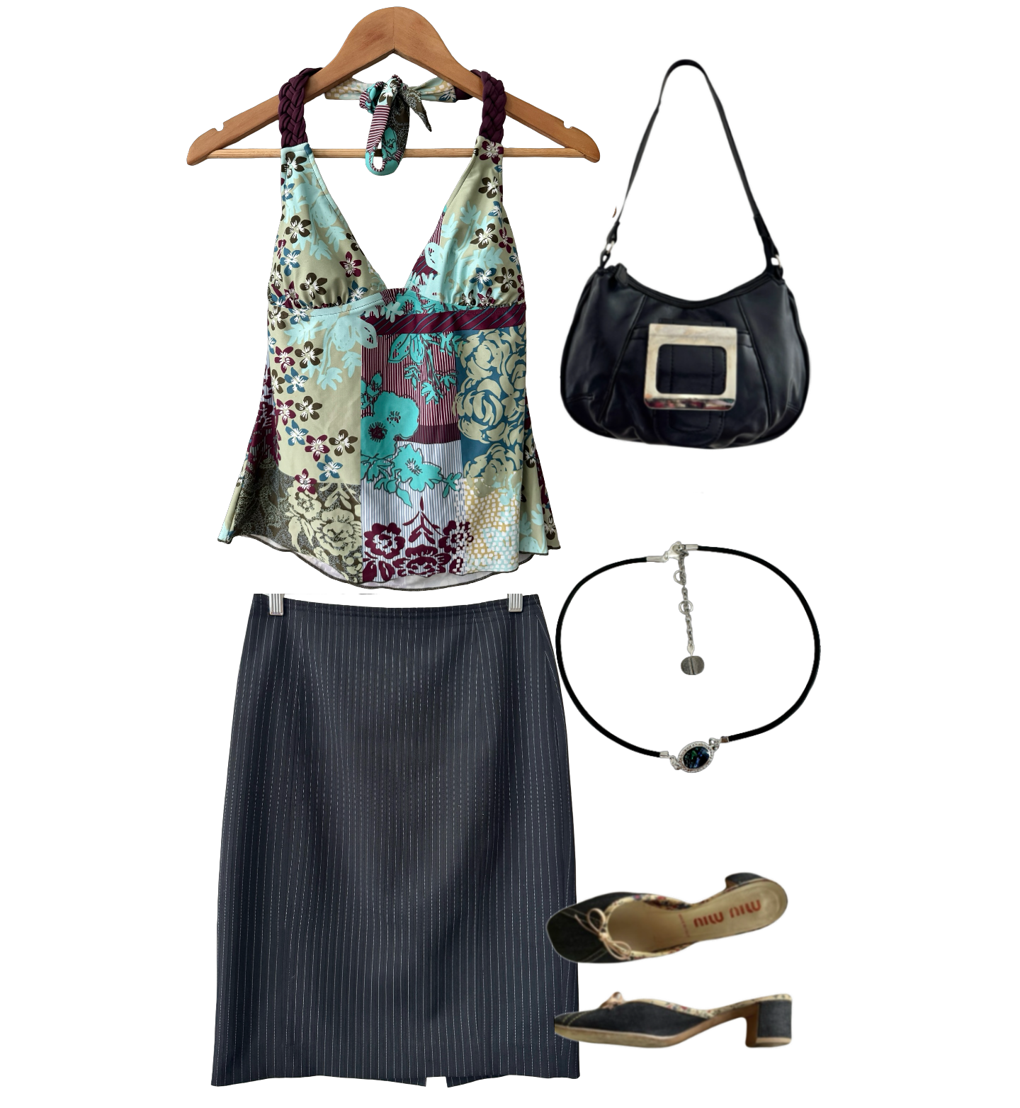 Vintage Y2K Patchwork Floral Halter Top (S)