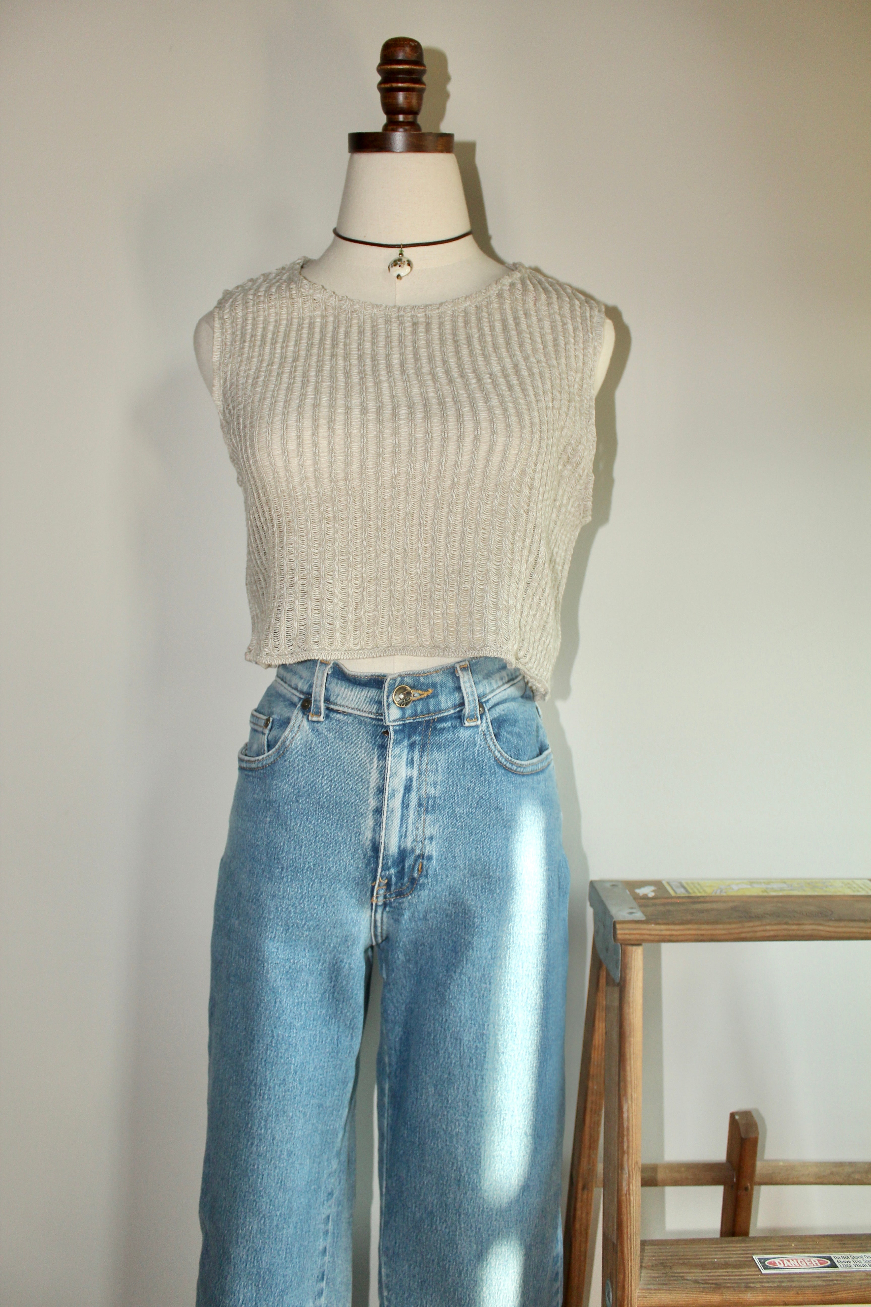 Vintage 90s Taupe Cropped Mesh Knit (S)