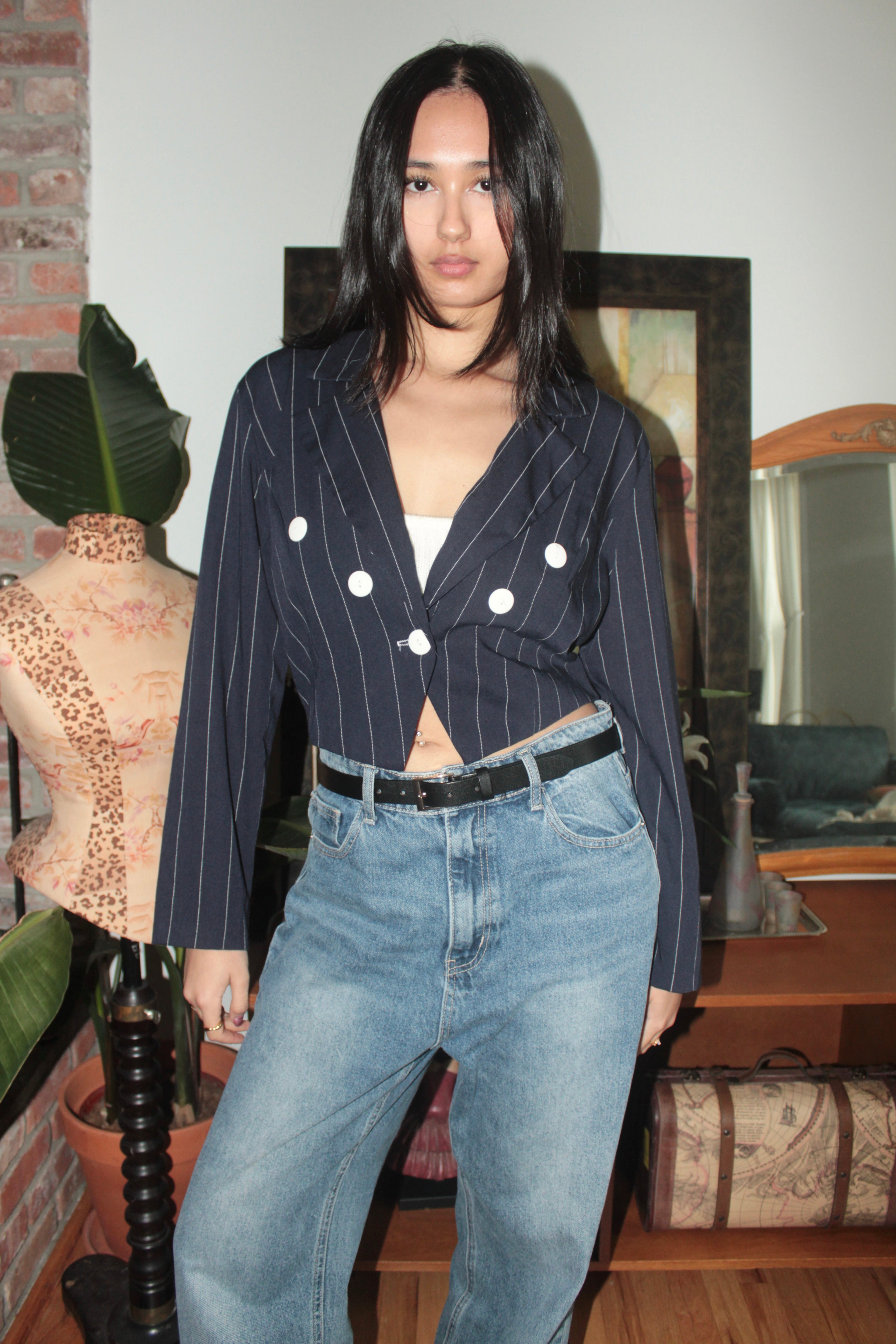 Vintage 90s Navy Pinstripe Double-Breasted Blazer Top