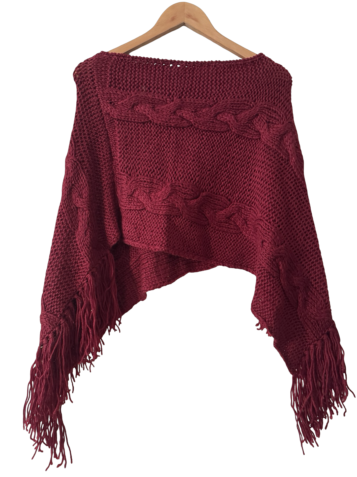 Vintage 90s Cranberry Cable-knit Fringe Poncho (OS)