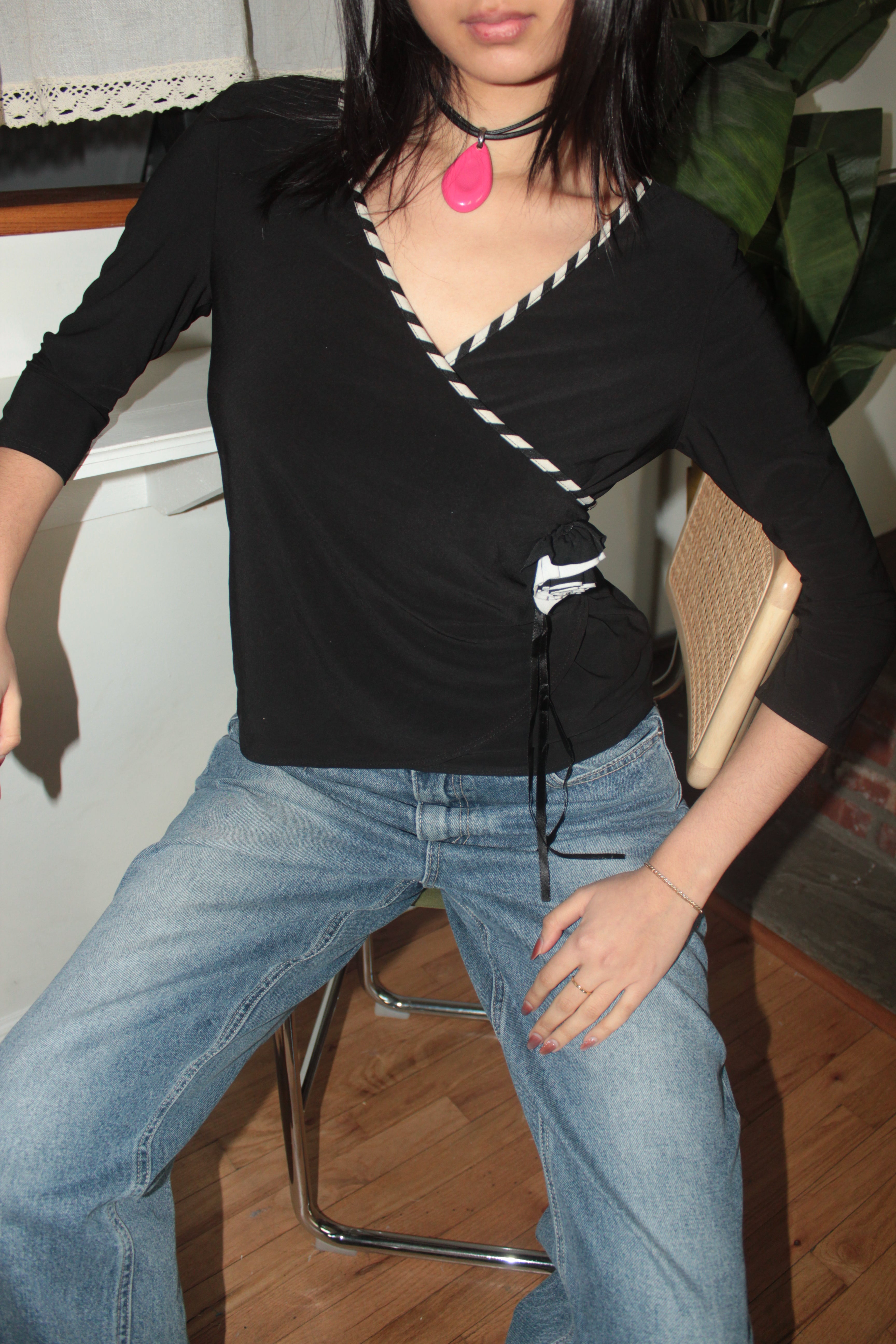 Vintage 90s Black Contrast Trim Wrap Top (M)