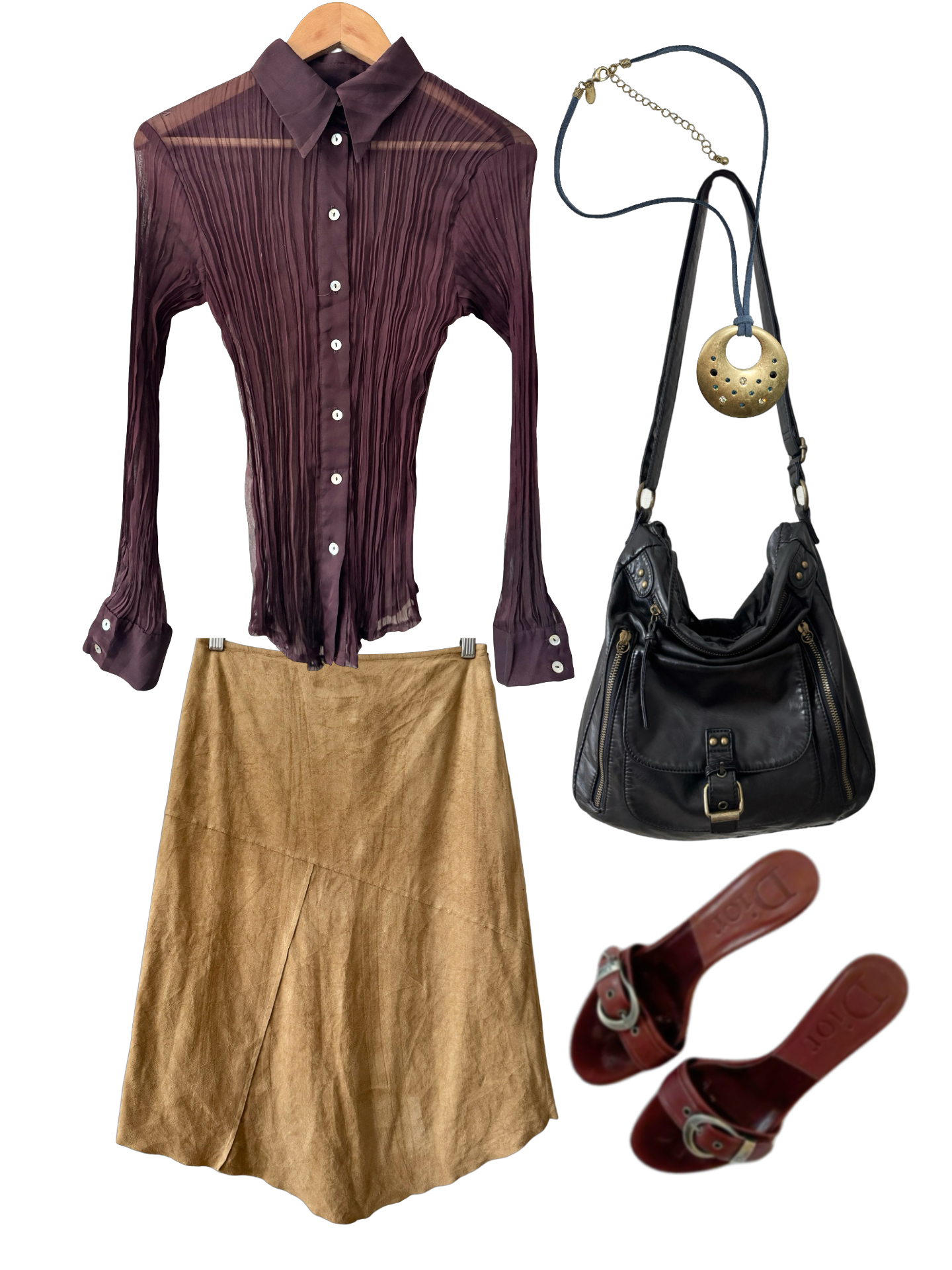 Vintage Y2K Plum Pleated Sheer Blouse (M)