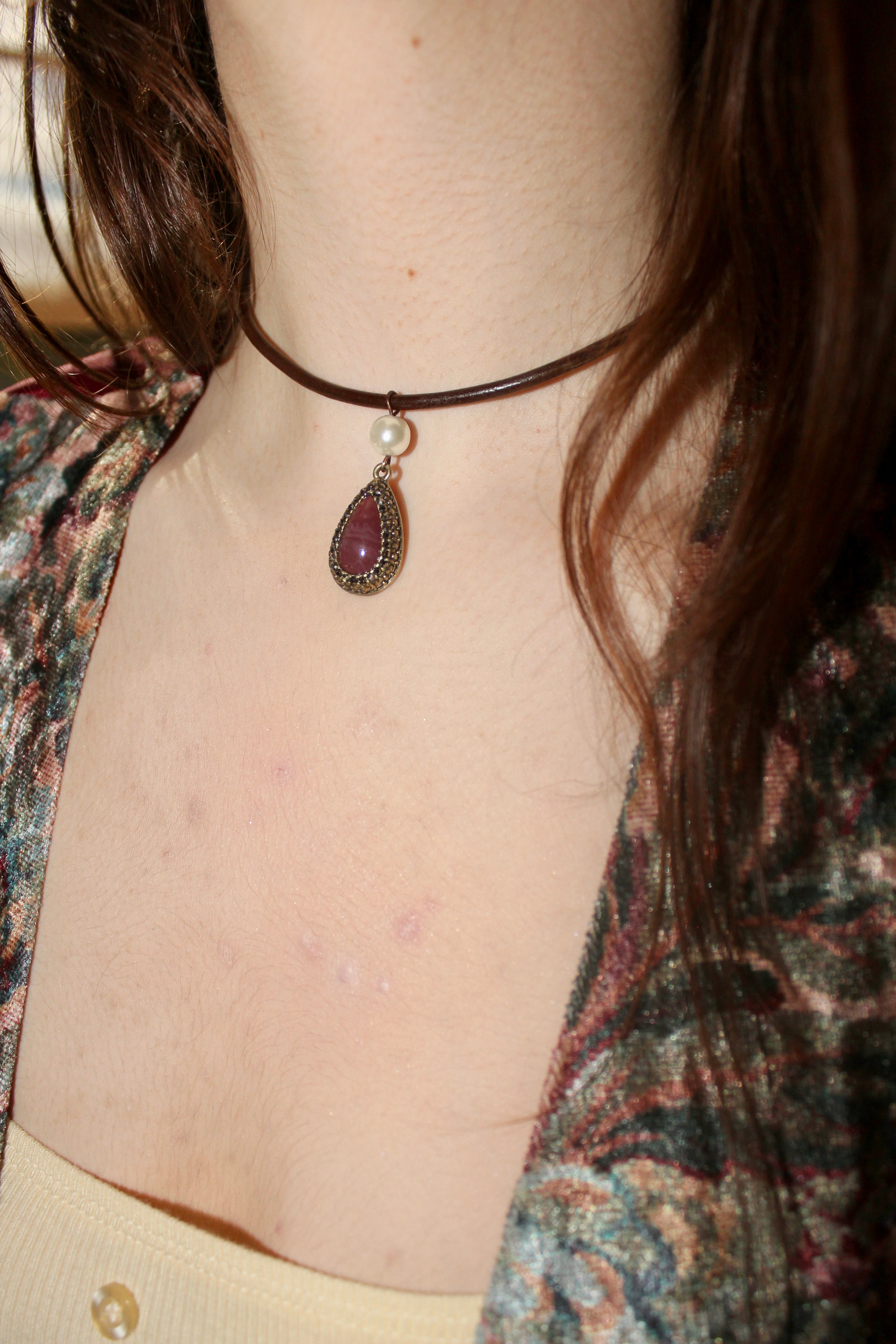 Purple Gem with Pearl Leather Choker