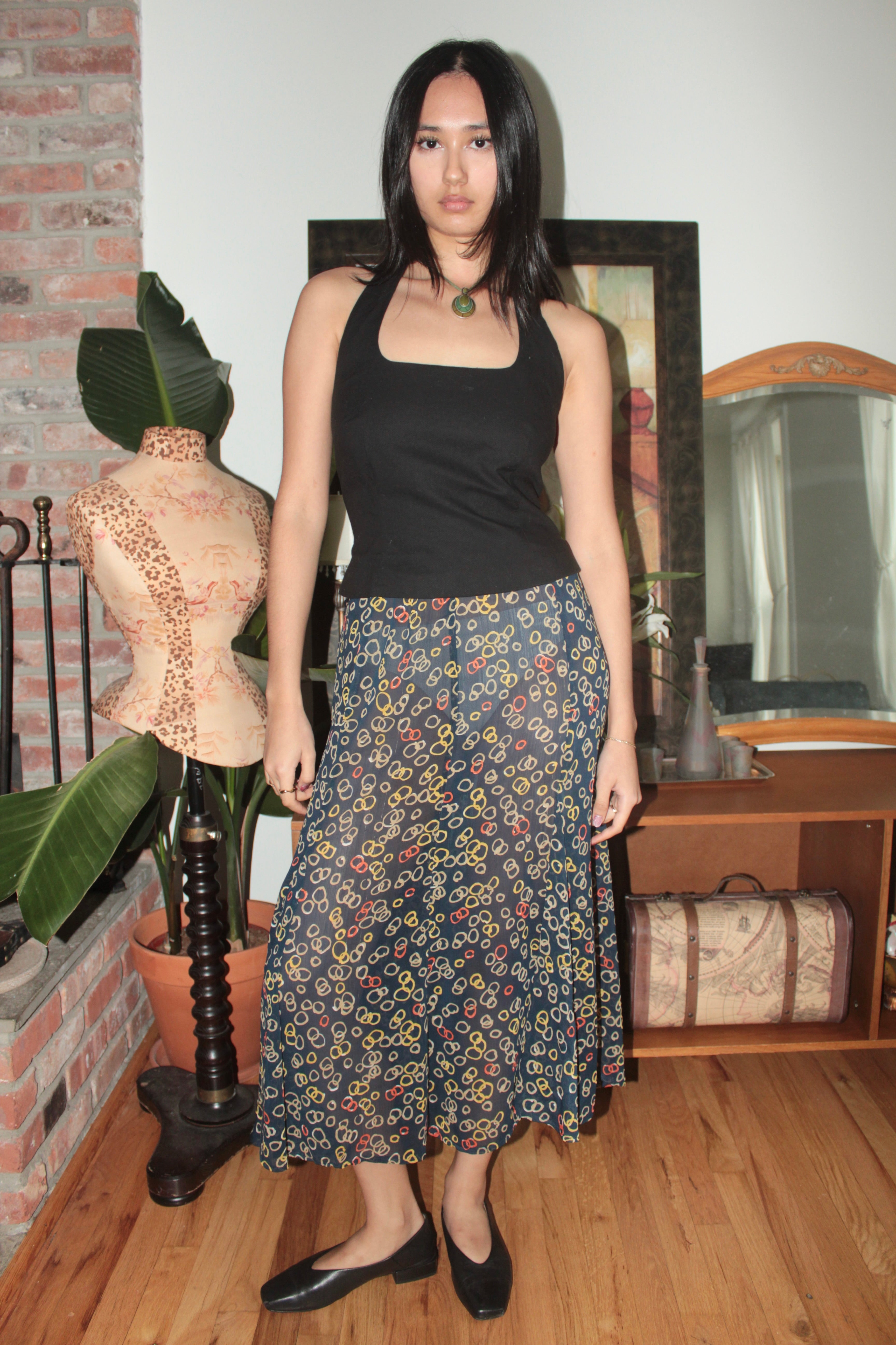 Vintage 90s Sheer Multicolor Loops Midi Skirt (M)