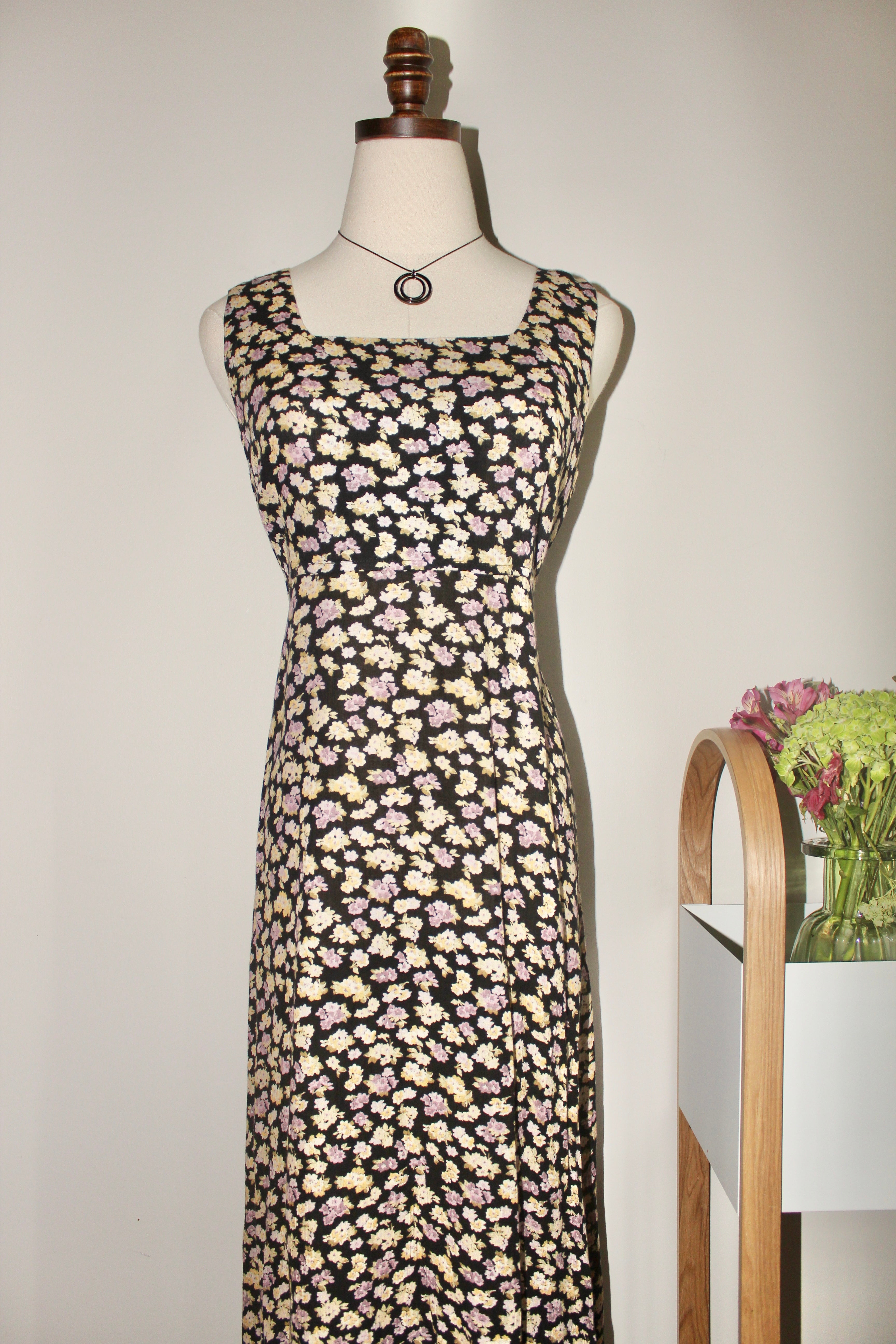 Vintage 90s Square Neck Floral Tie Back Midi Dress (M)