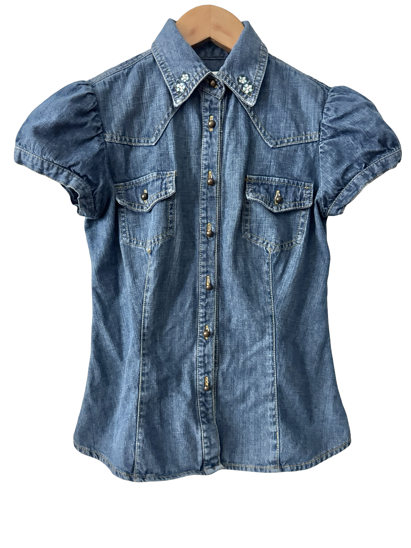 Vintage Y2K Bluebell Denim Puff Sleeve Blouse (XS)