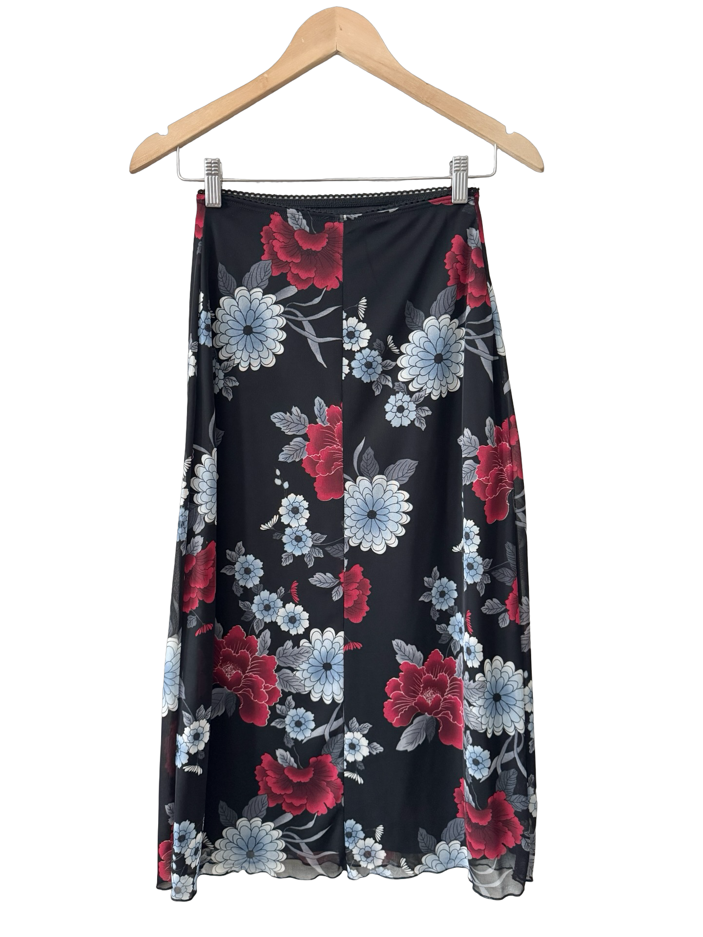 Vintage Y2K Midnight Bloom Mesh Midi Skirt (XS)