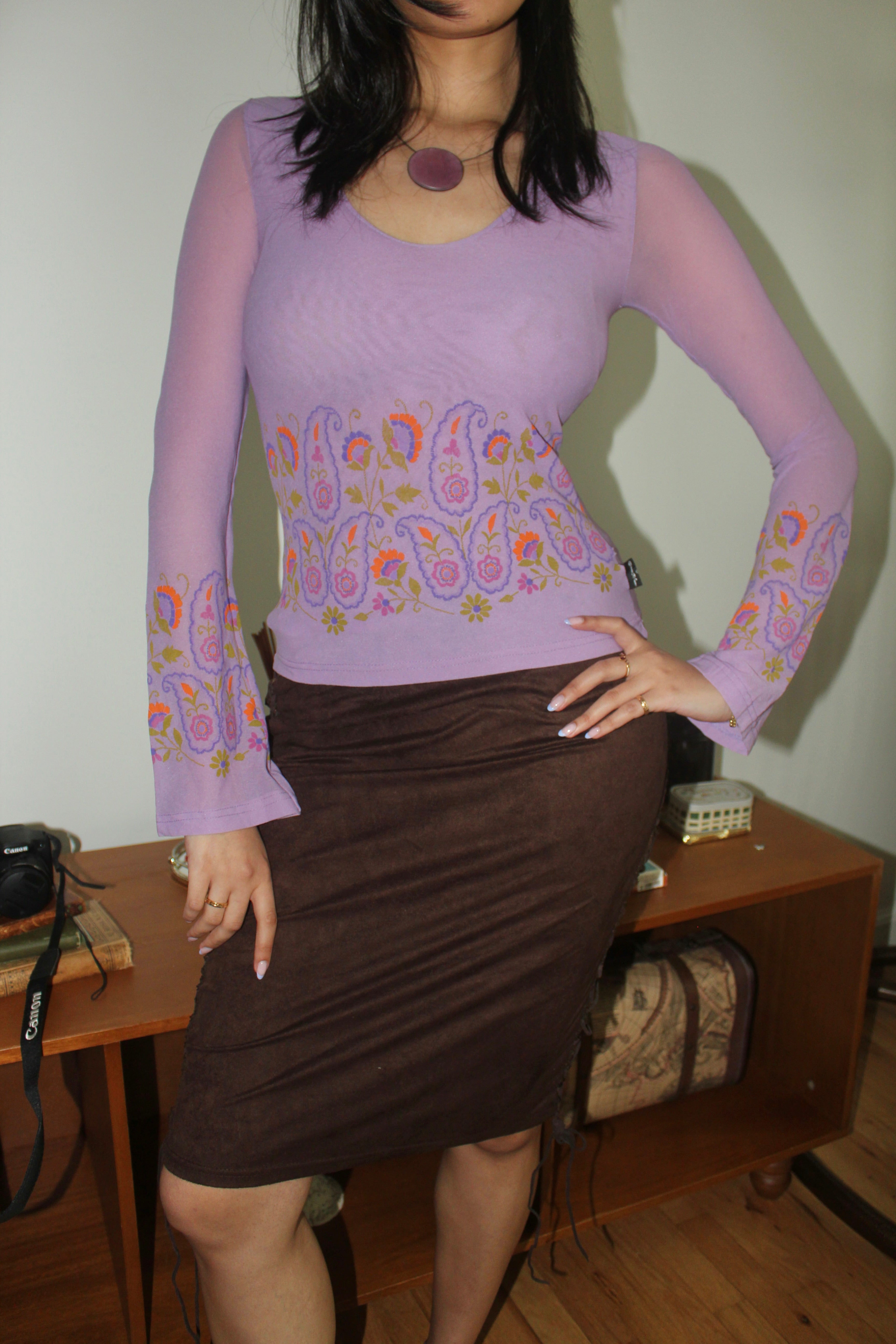 Vintage Y2K Chocolate Lace-Up Midi Skirt (S)