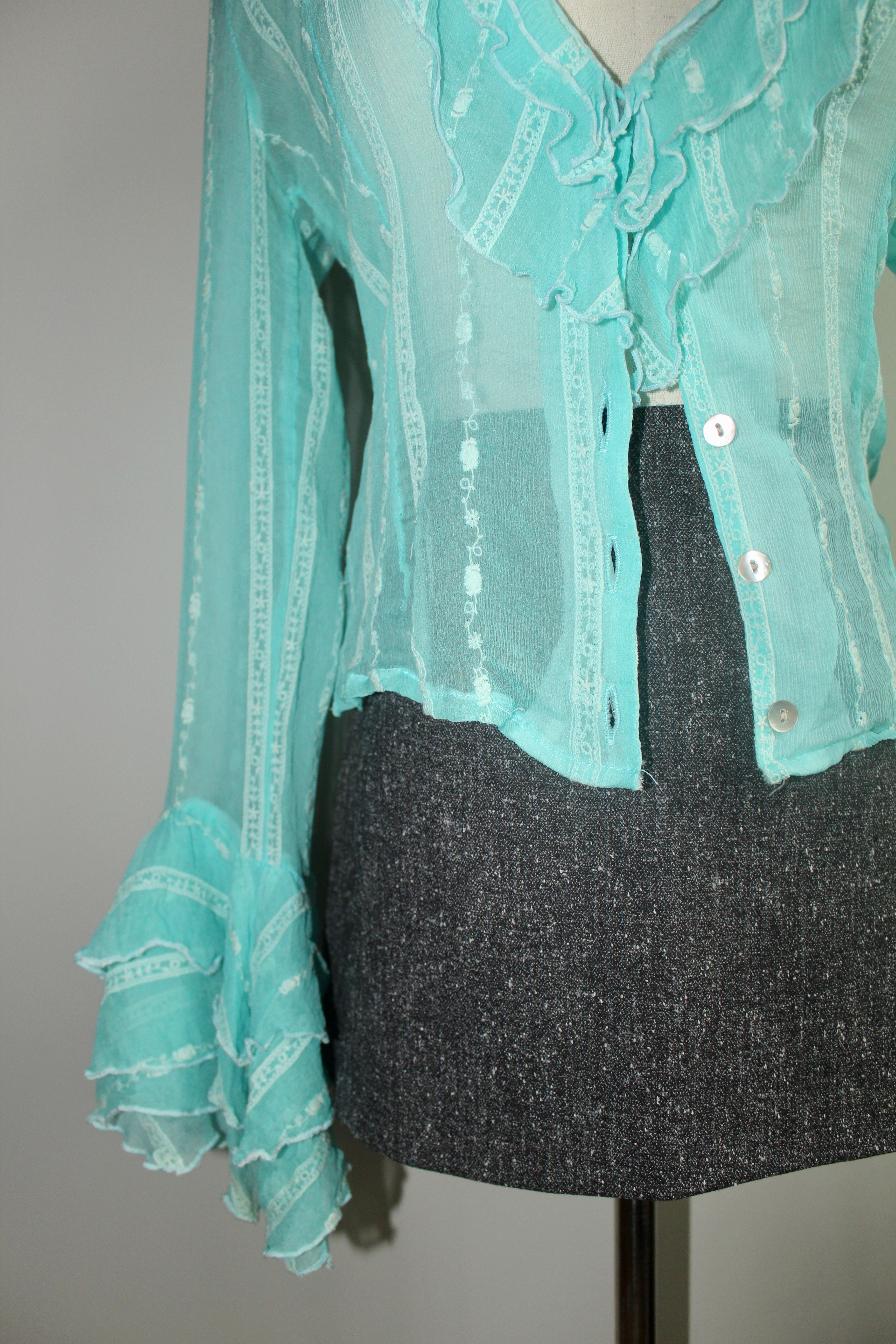 Vintage 90s Sheer Ruffled Turquoise Blouse (S)