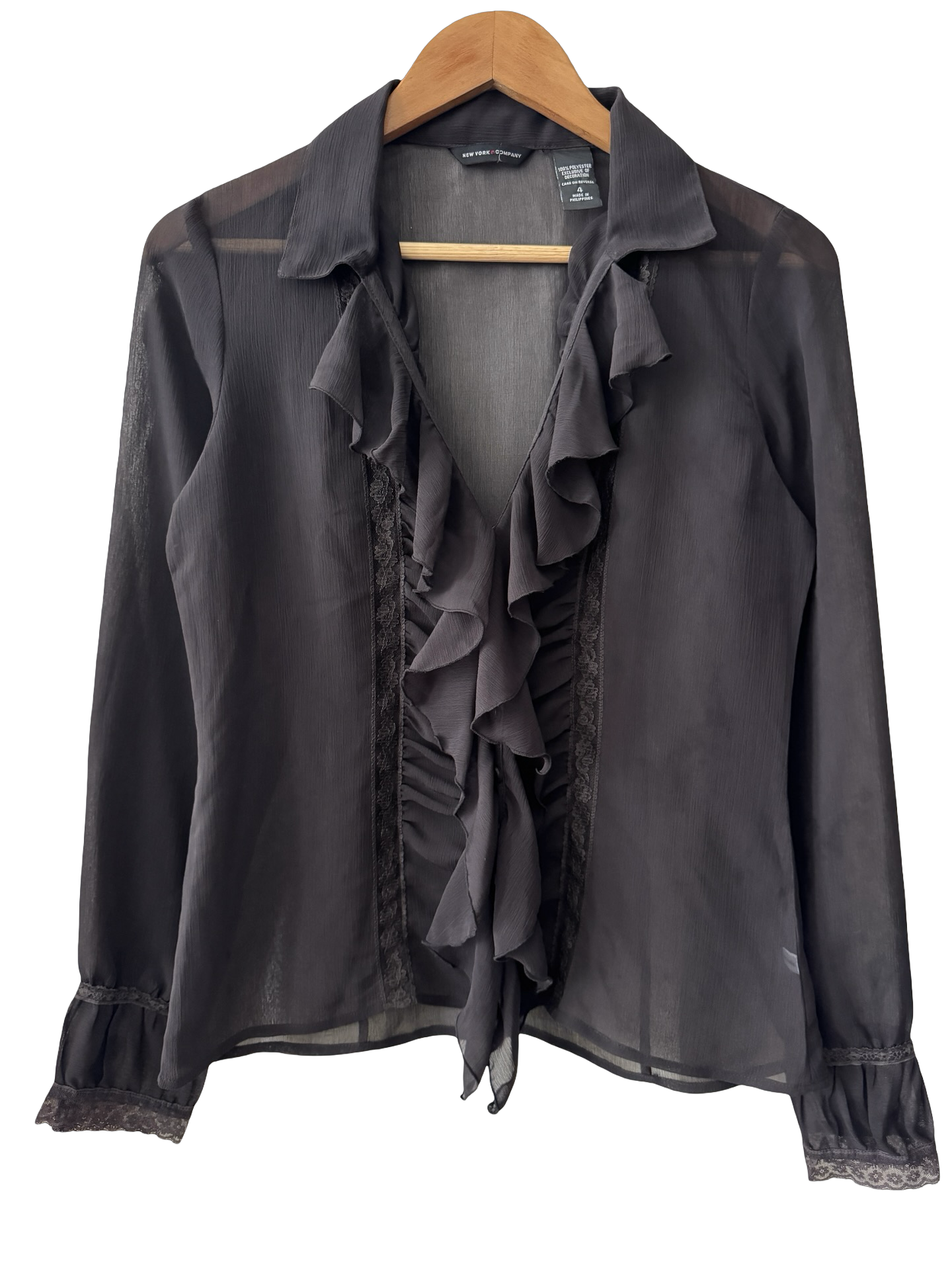 Vintage Y2K Sheer Charcoal Poet Ruffle Blouse (M)