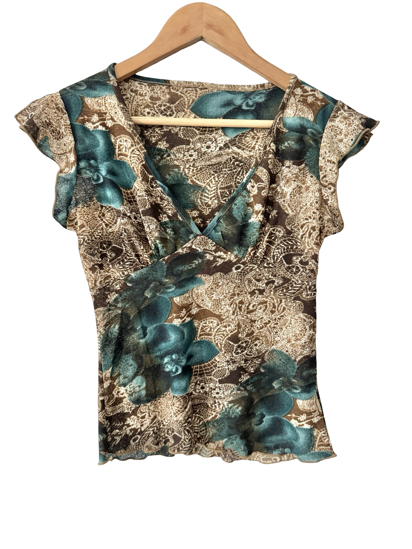 Vintage Y2K Teal Floral Mesh Cap Sleeve Top (S/M)
