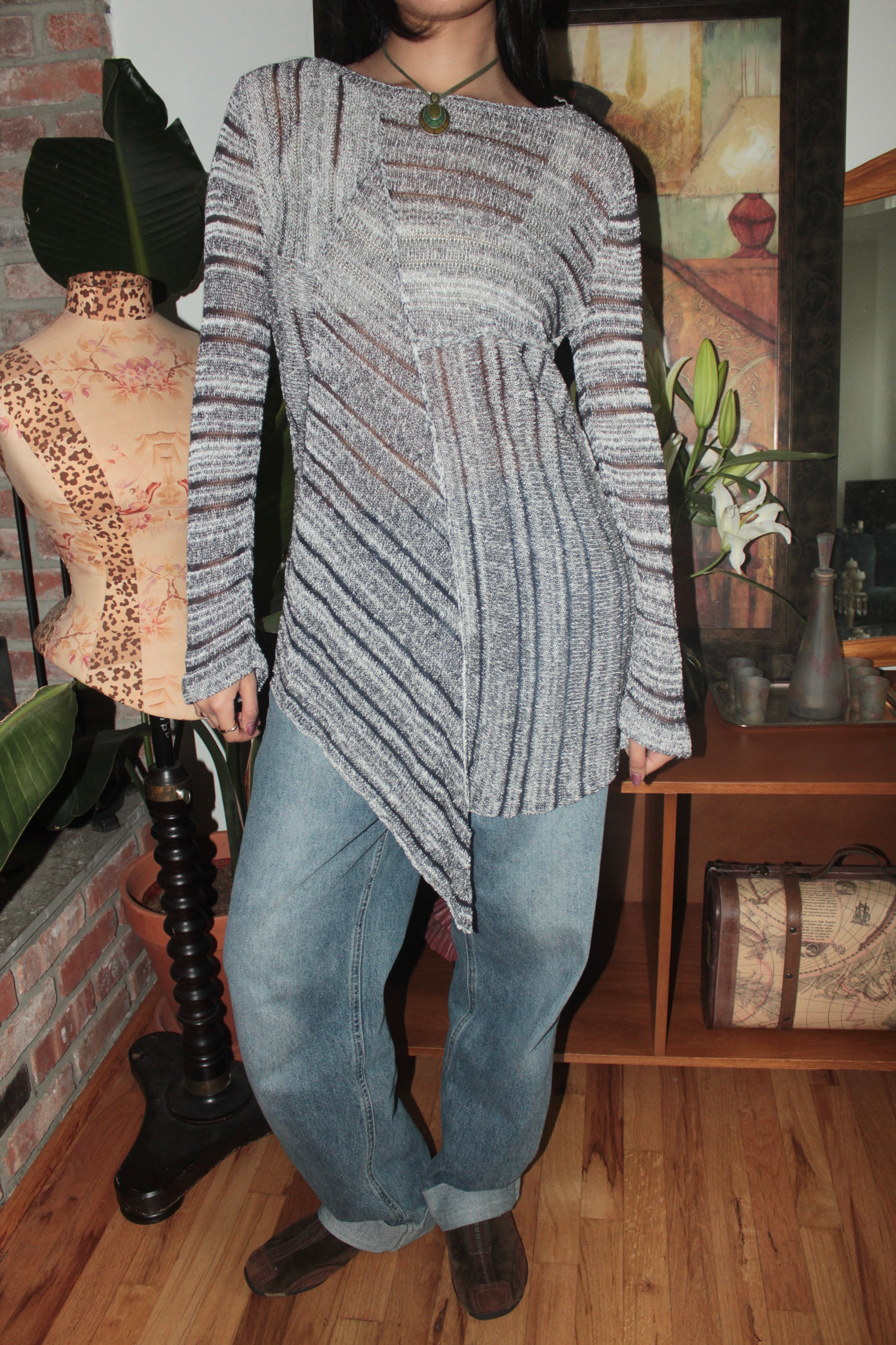 Vintage 90s Asymmetrical Grey Striped Knit Tunic (M)