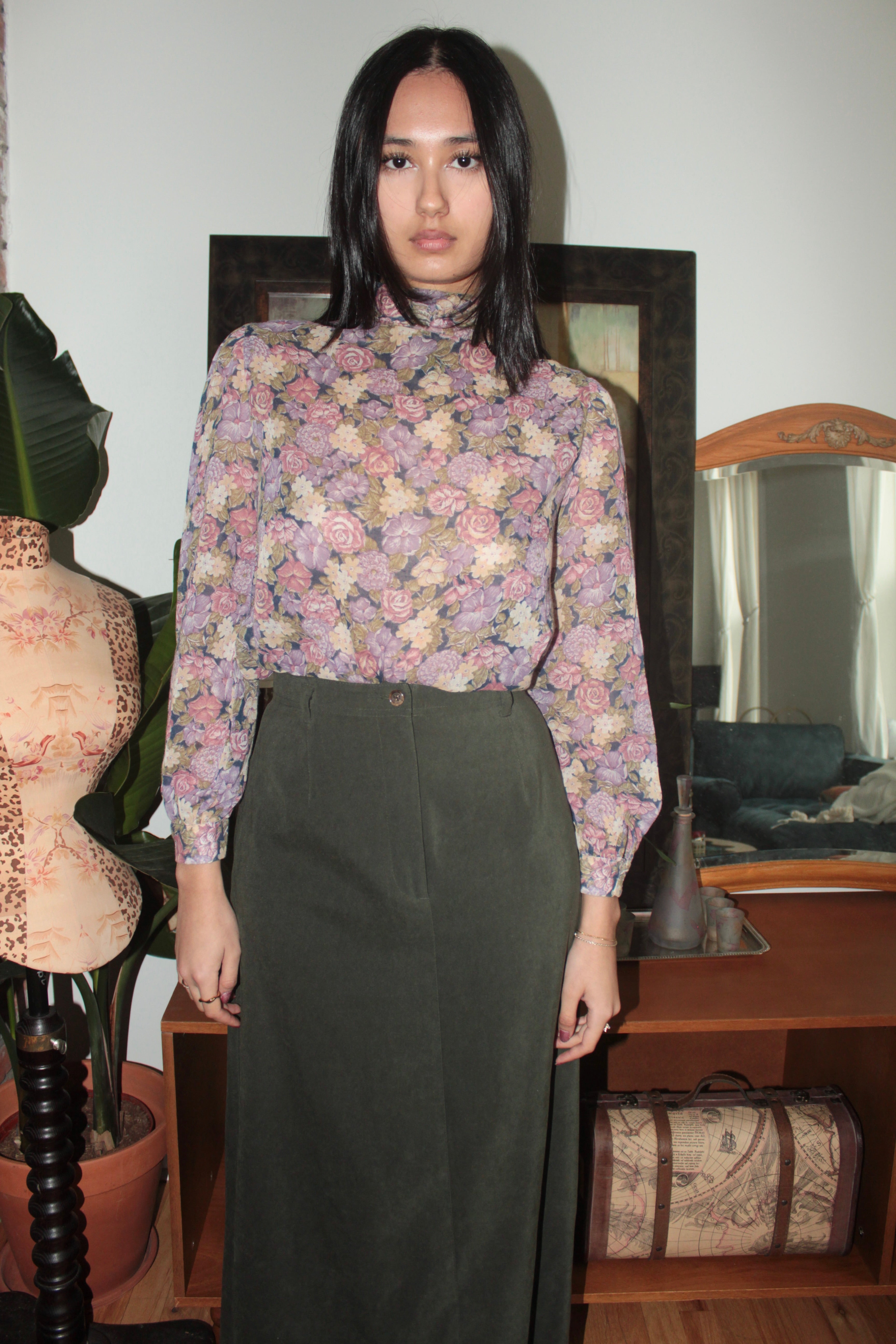 Vintage Lavender Floral Mock-Neck Mesh Top