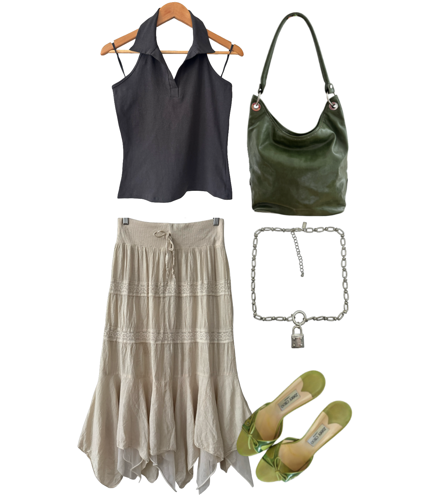 Vintage Y2K Ivory Tie-Waist Cotton Midi Skirt (S/M)