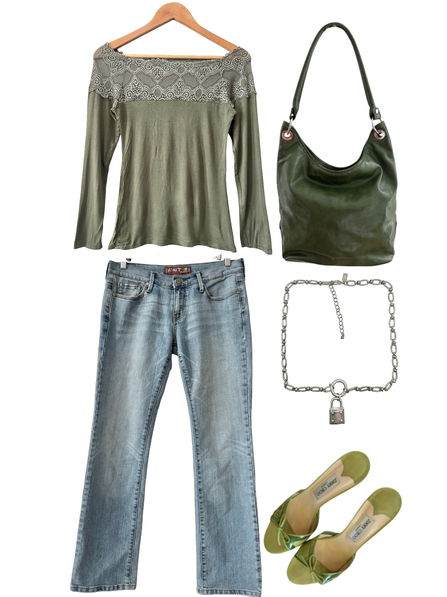 Vintage Y2K Olive Lace Romance Off-Shoulder Top (M)