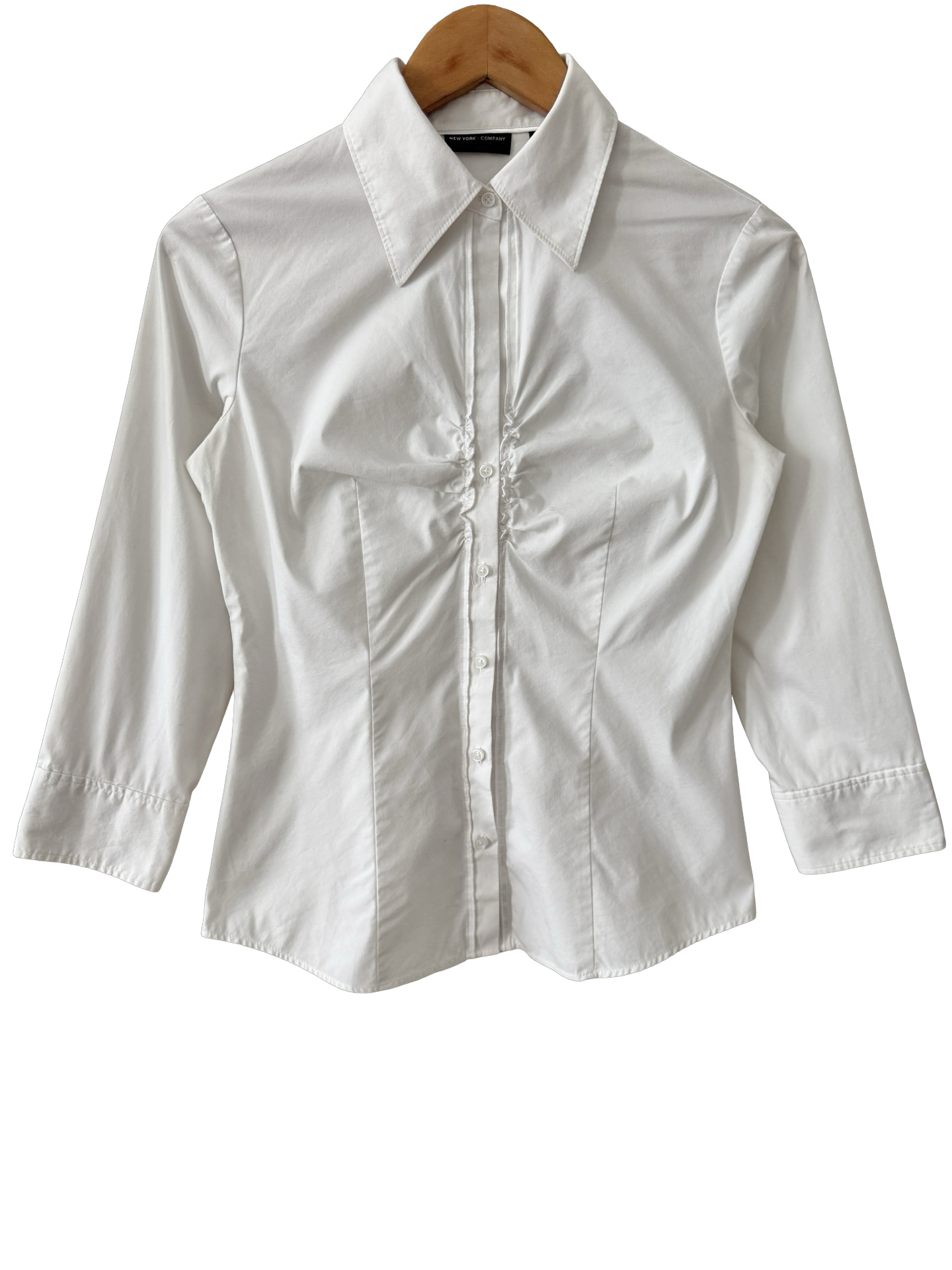 Vintage Crisp White Ruched Button-Up (M)