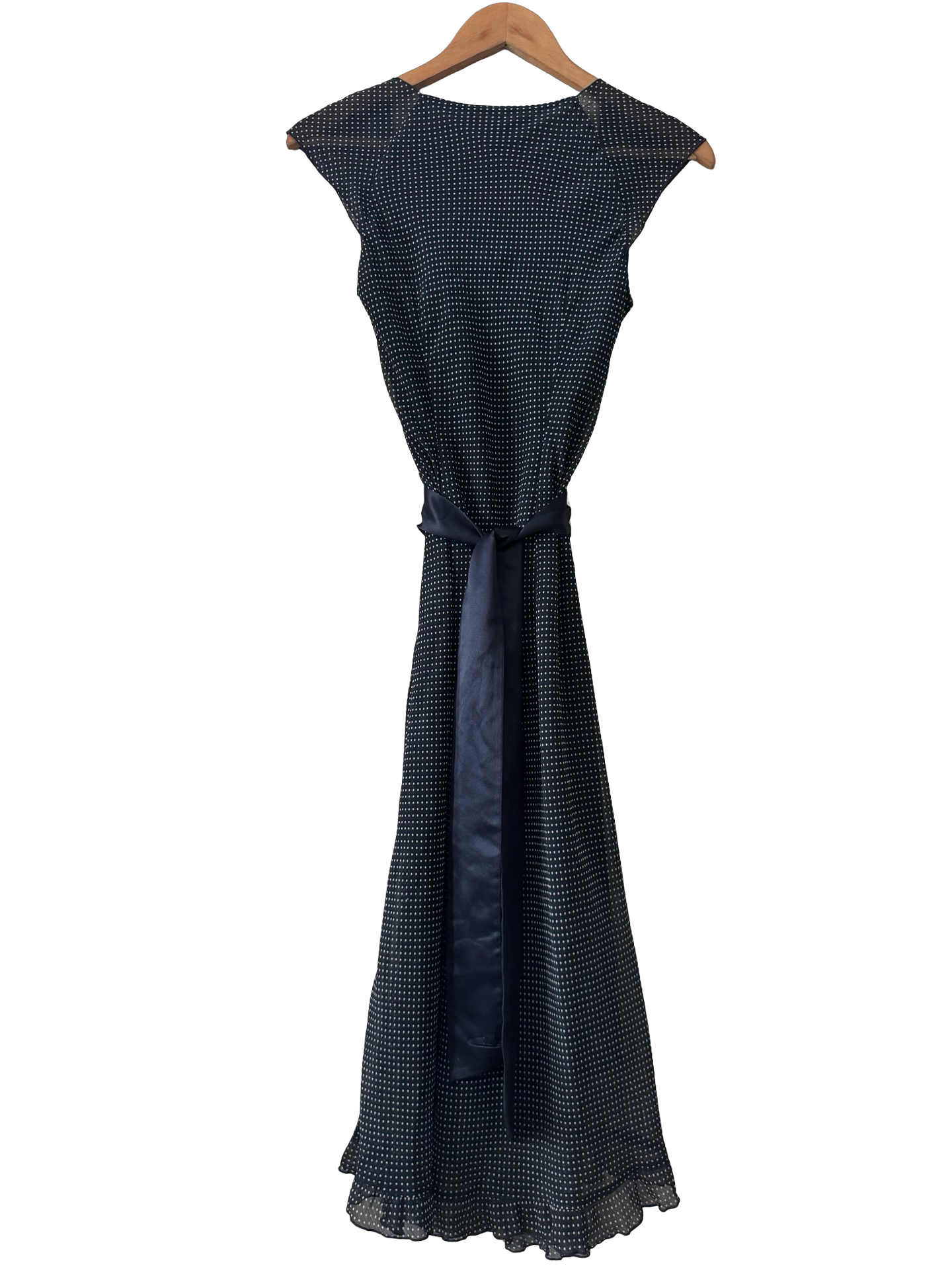 Vintage Navy Dotted Tie Waist Midi Dress (S/M)