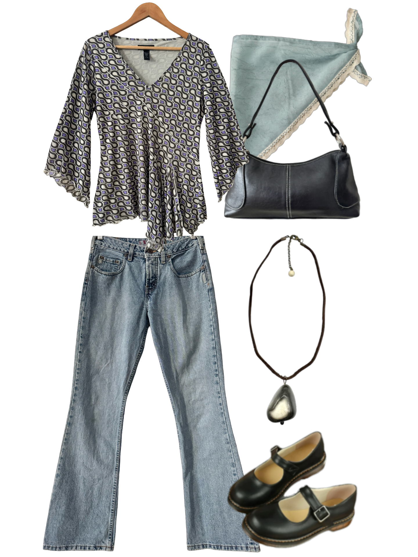 Vintage Y2K Lavender Mod Geometric Bell Sleeve Top (L)
