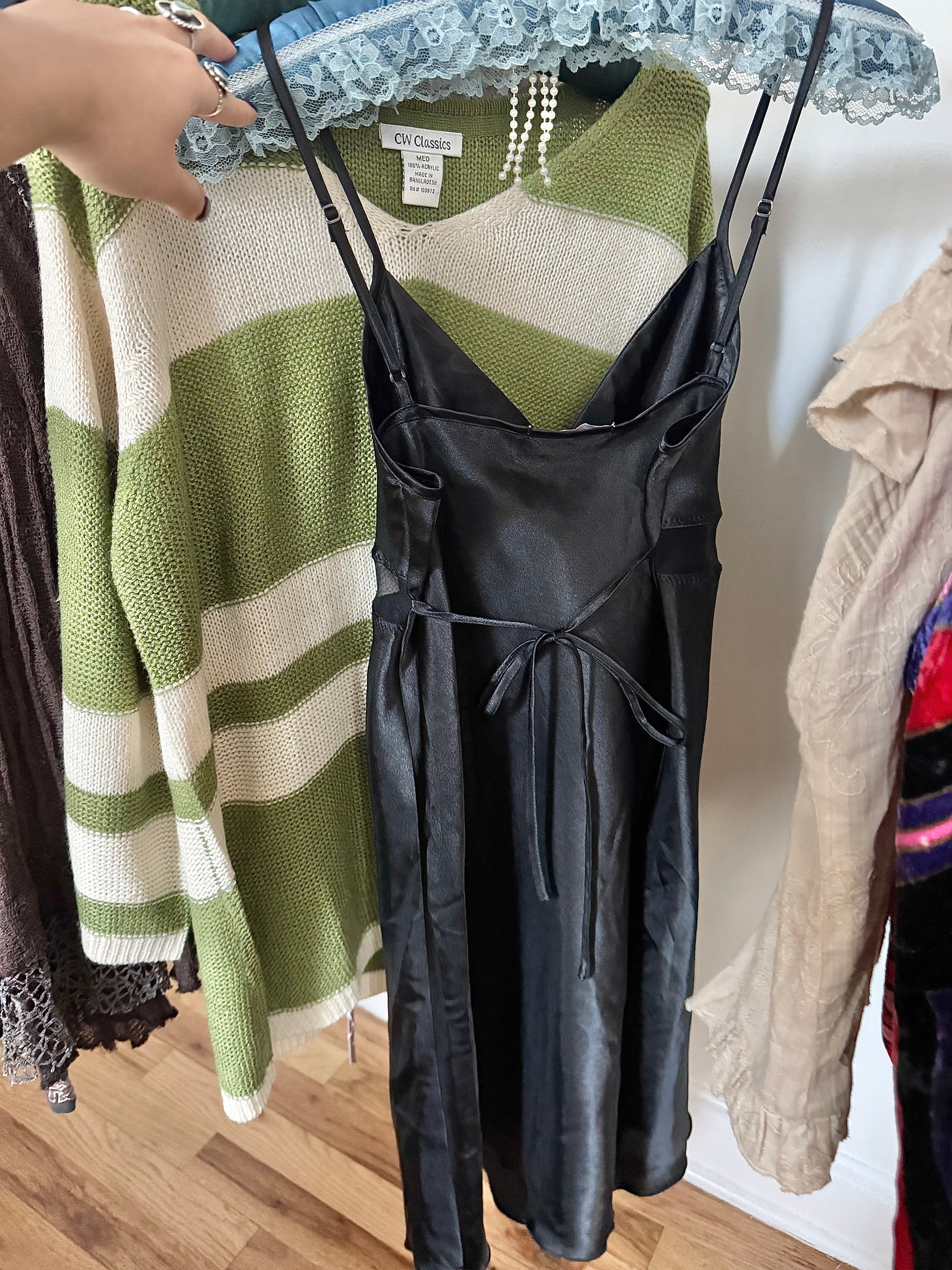 Vintage 90s Satin Black Tie Slip Dress- Sourced in Paris (S)