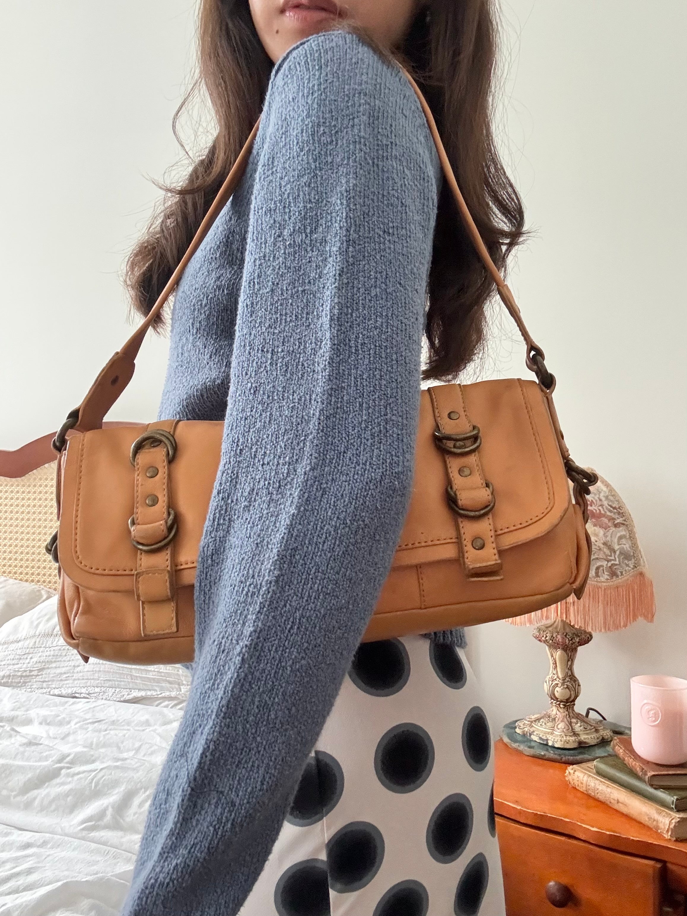 Vintage 90s Tan Leather Buckle Shoulder Purse