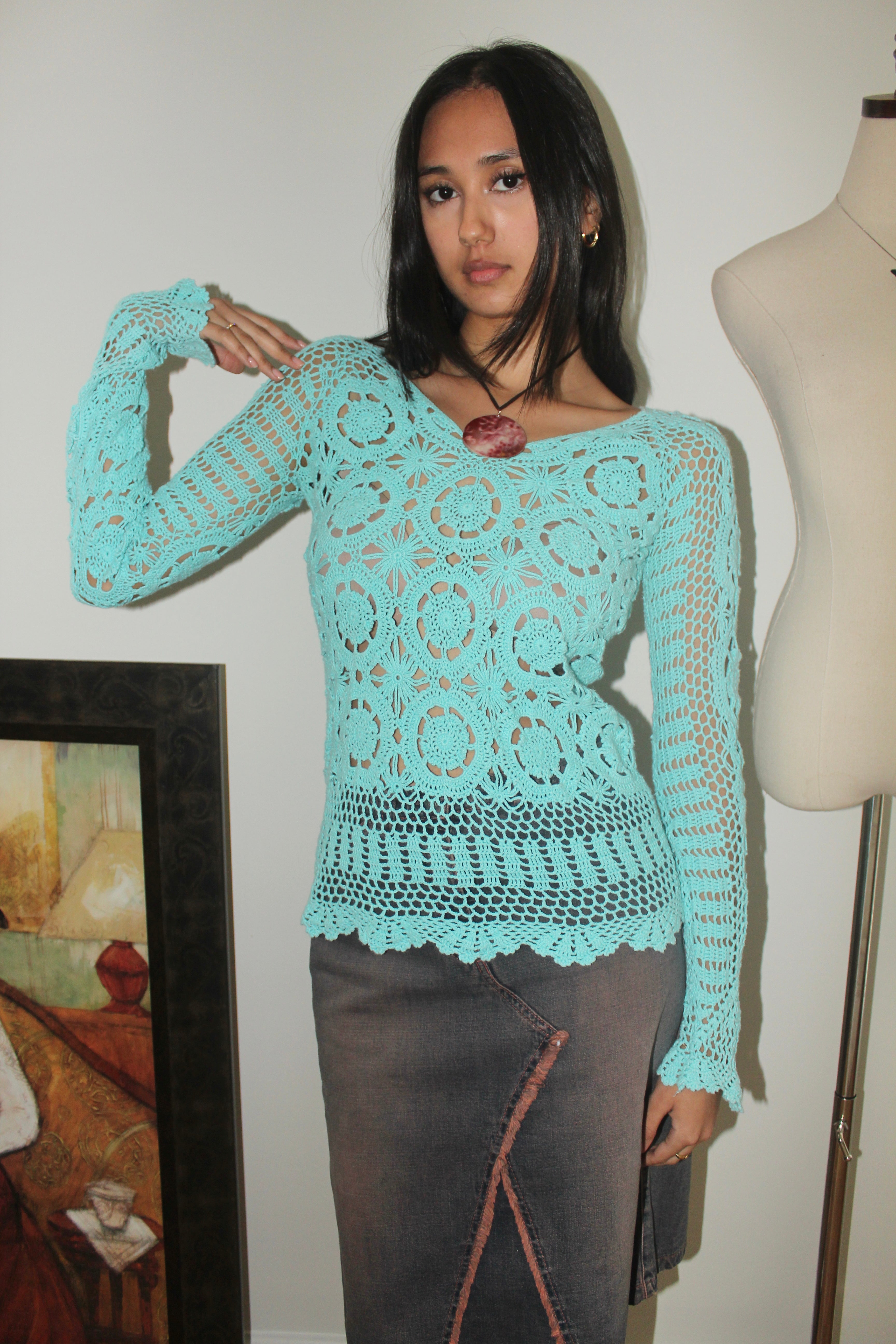 Vintage 90s Crochet Aquamarine Knit (S)