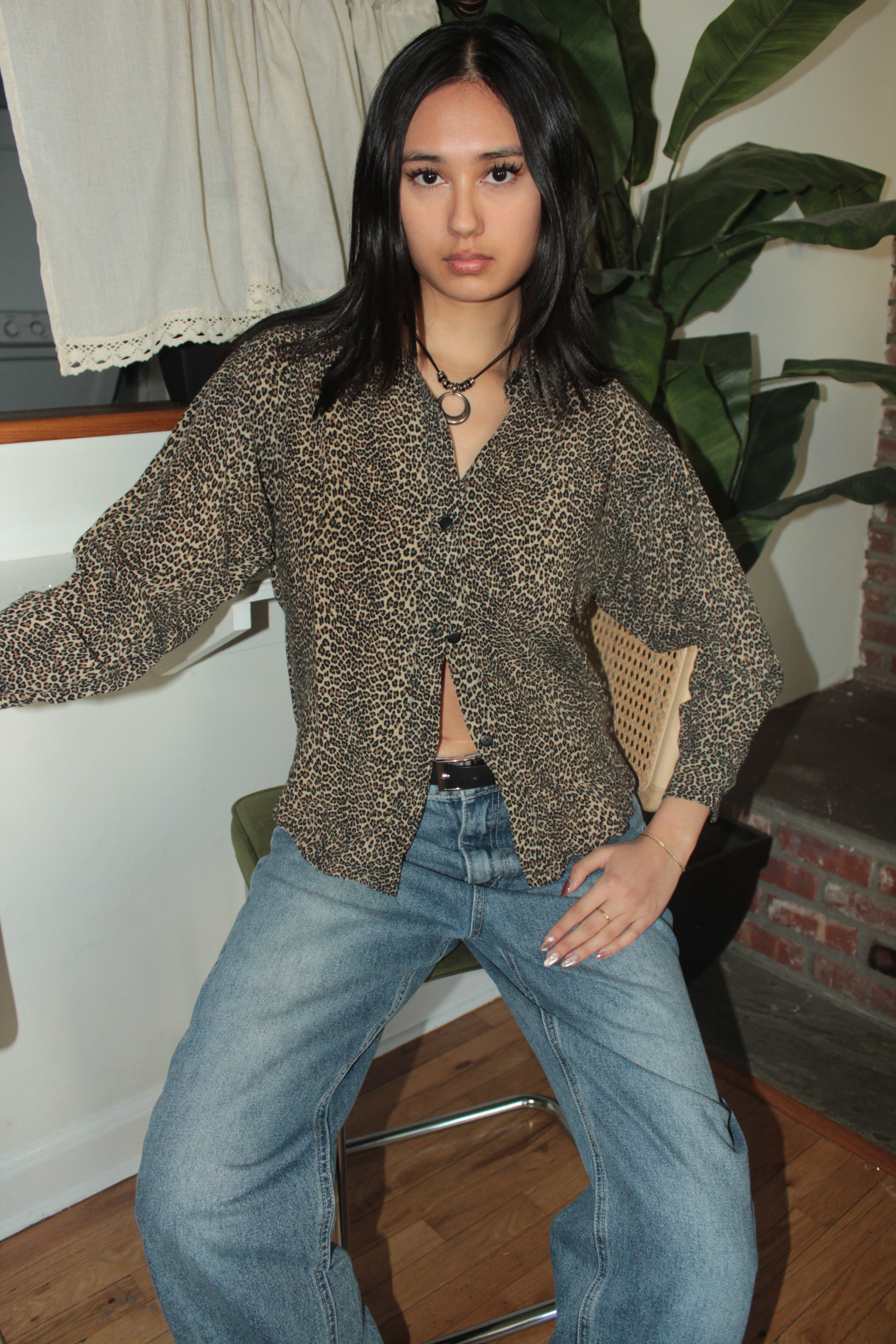 Vintage 90s Leopard Button Down Blouse (M)